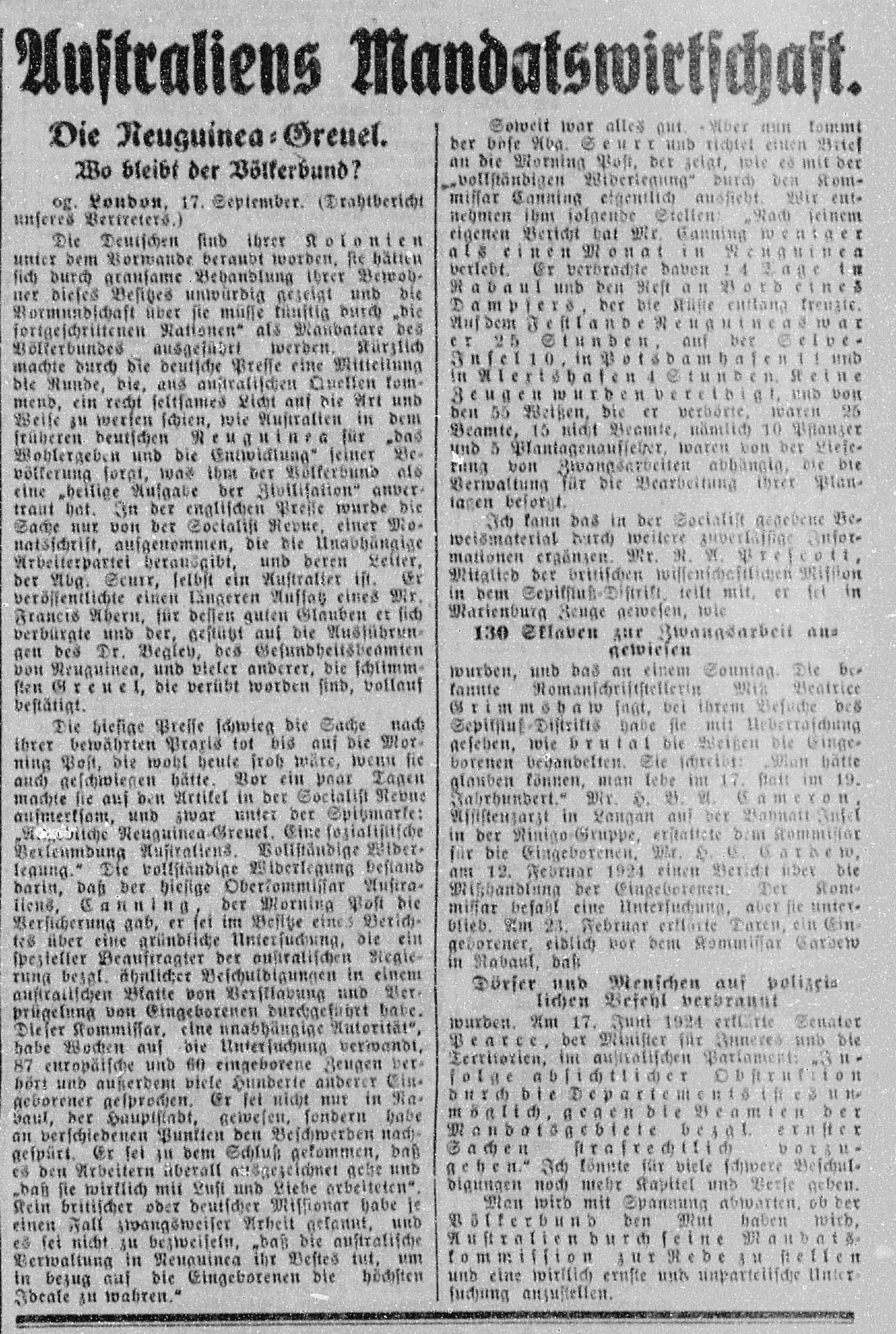 Zeitungsartikel aus dem „Hamburger Fremdenblatt“ mit dem Titel "Australiens Mandatswirtschaft", der Themen rund um Neuguinea und Regierungsführung diskutiert. Der Text behandelt verschiedene Themen über koloniales Management und lokale Angelegenheiten und weist auf einen historischen Kontext hin. Das angegebene Datum ist der 17. September 1924.