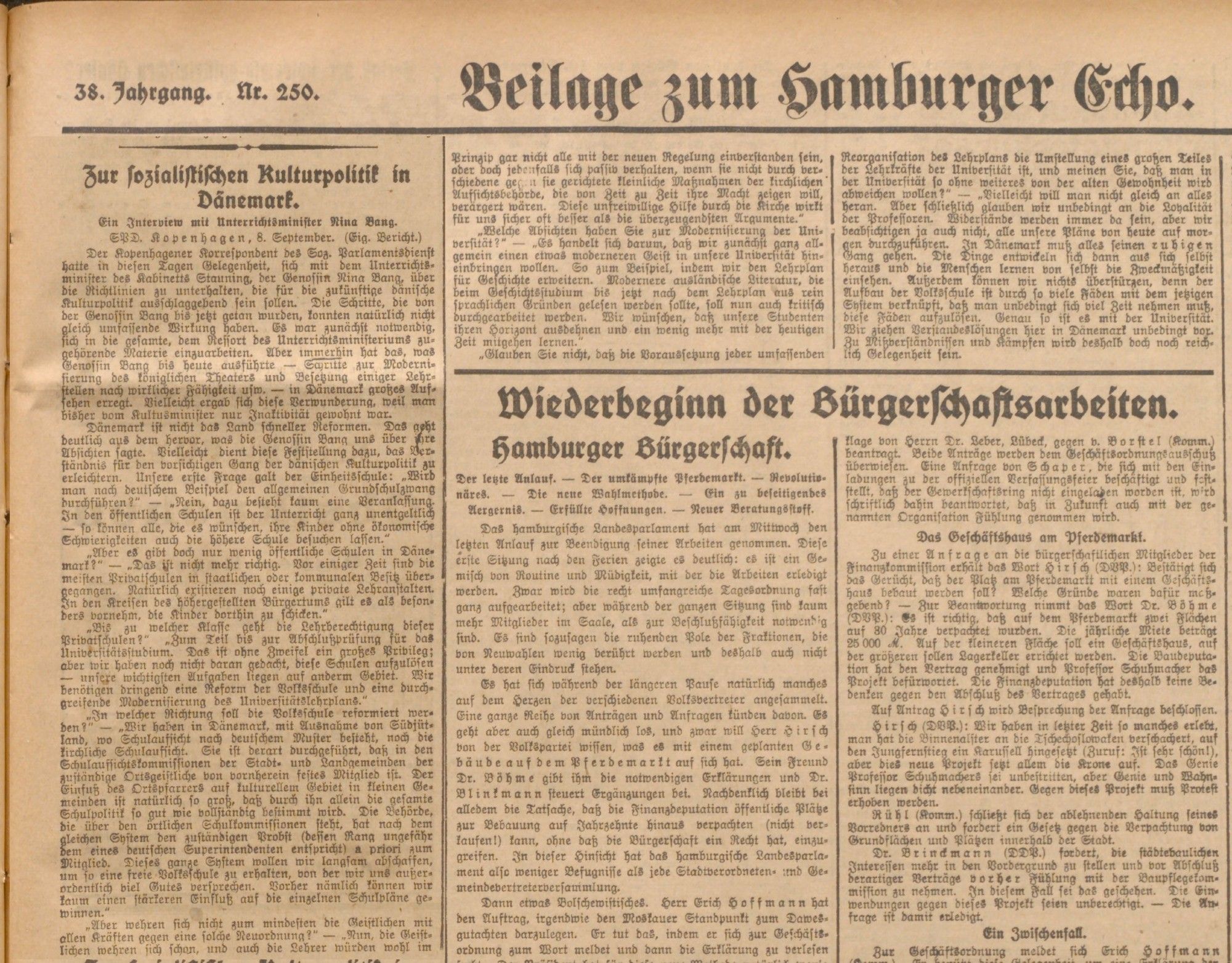 Eine Vintage-Zeitungsseite mit dem Titel "Beilage zum Hamburger Echo" mit Artikeln über Sozialpolitik in Dänemark, die Wiederaufnahme der Bürgerarbeit und Diskussionen im Zusammenhang mit dem Engagement und der Regierungsführung der Gemeinschaft.