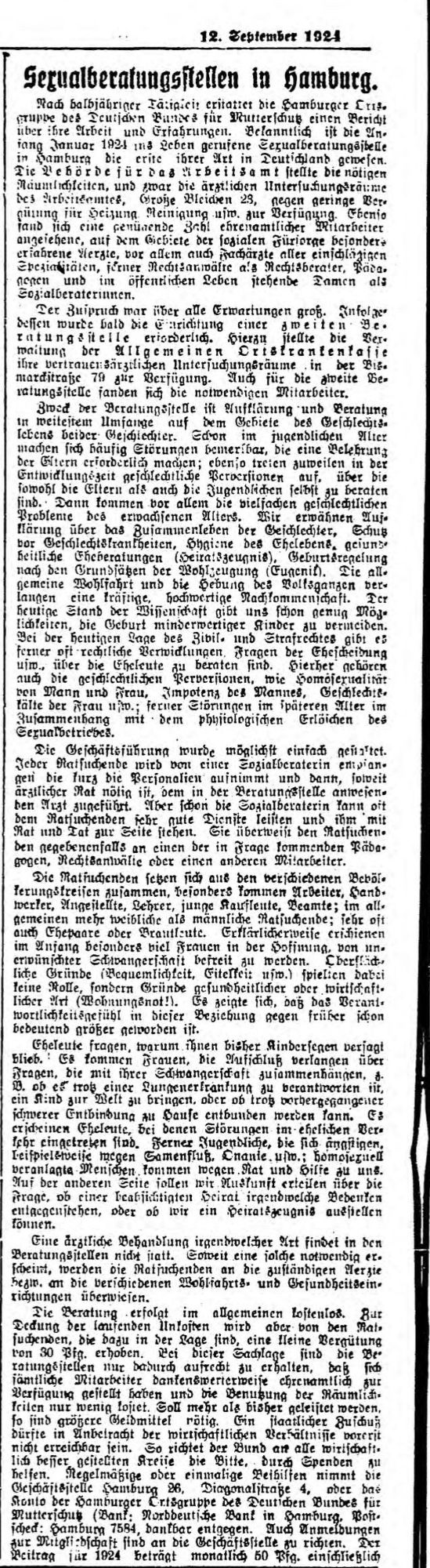 Ein historischer Zeitungsartikel vom 12. September 1924, in dem es um sexuelle Beratungszentren in Hamburg geht. Der Text beschreibt die Einrichtung dieser Zentren, ihre Bedeutung als erstes ihrer Art in Deutschland und die angebotenen Dienstleistungen.