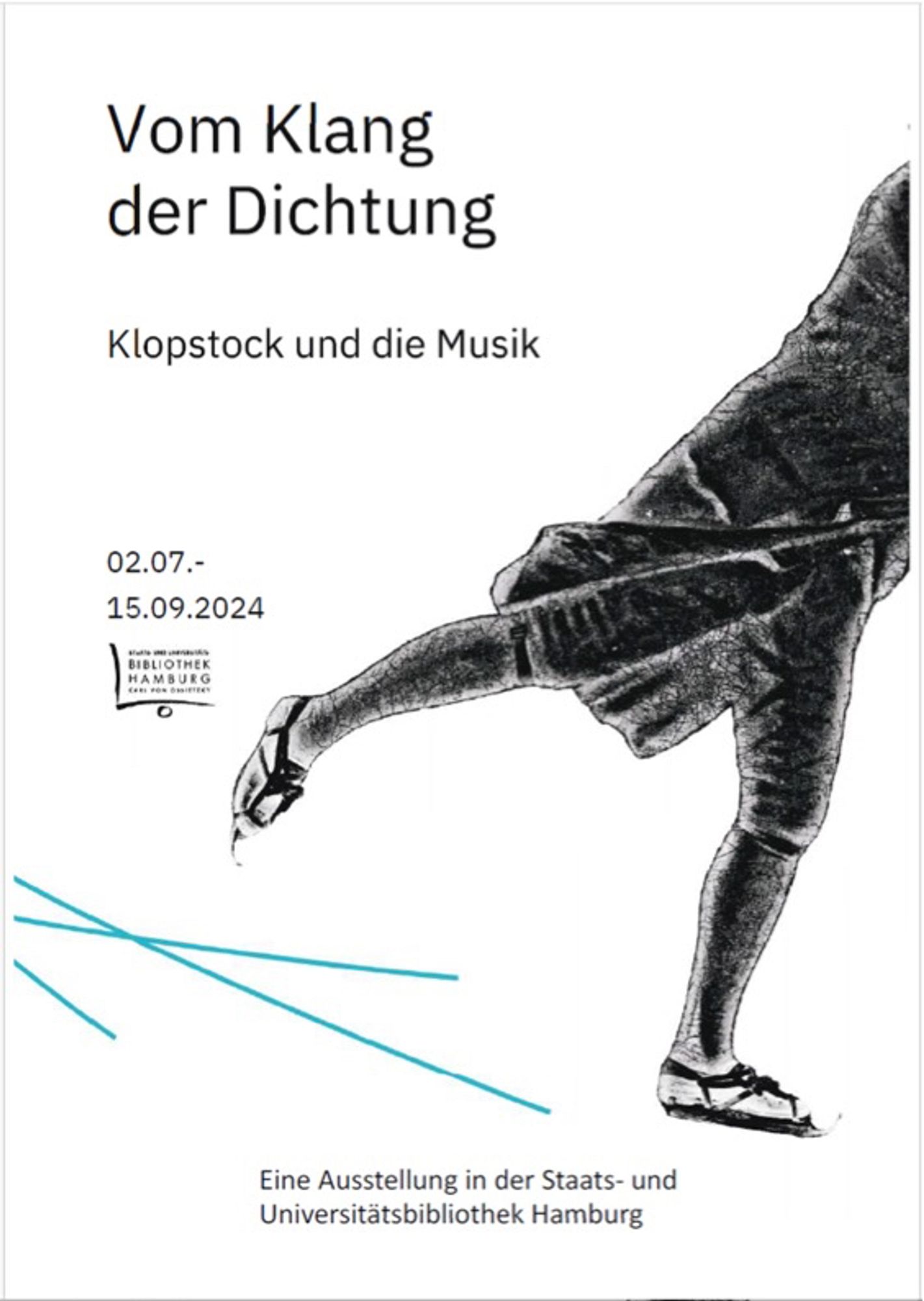 Bild der Ausstellung mit dem Titel „Vom Klang der Dichtung: Klopstock und die Musik“, die vom 2. Juli bis 15. September 2024 in der Staats- und Universitätsbibliothek Hamburg stattfand. Es verfügt über eine stilisierte Illustration.