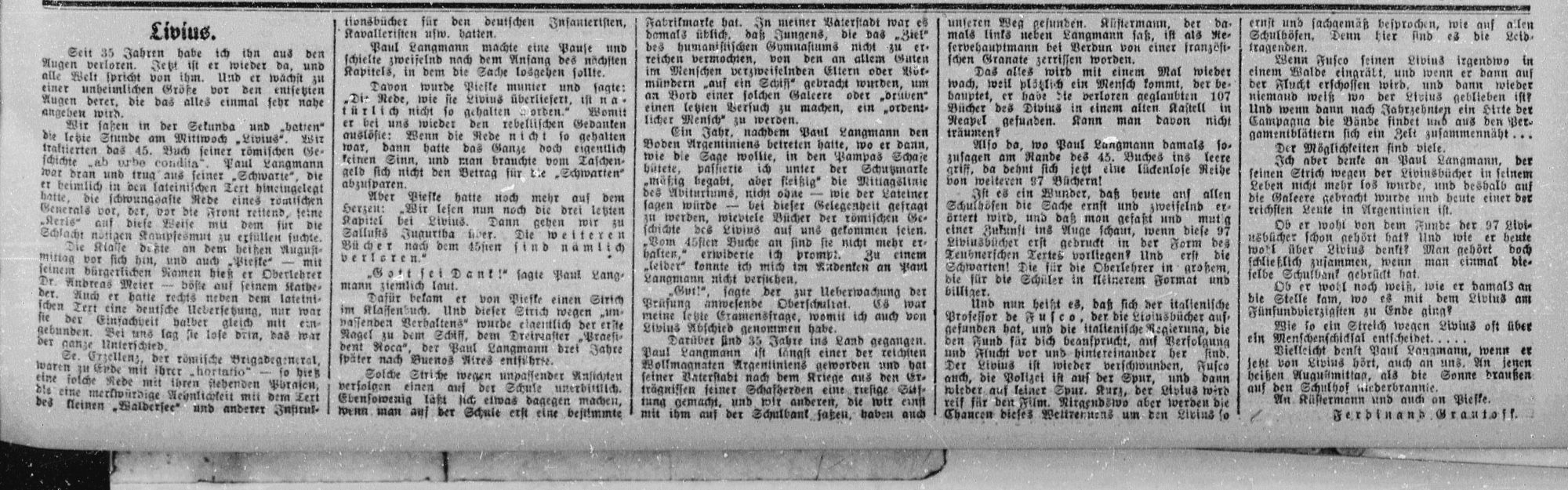 Ein historischer Text auf Deutsch, der eine Figur namens Livius und sein Leben, seine Aktivitäten und seine Beziehungen bespricht, einschließlich Verweisen auf Ereignisse und Charaktere wie Paul Langmann und Dr. Andreas Meyer. Der Text stammt aus einer alten Zeitung.