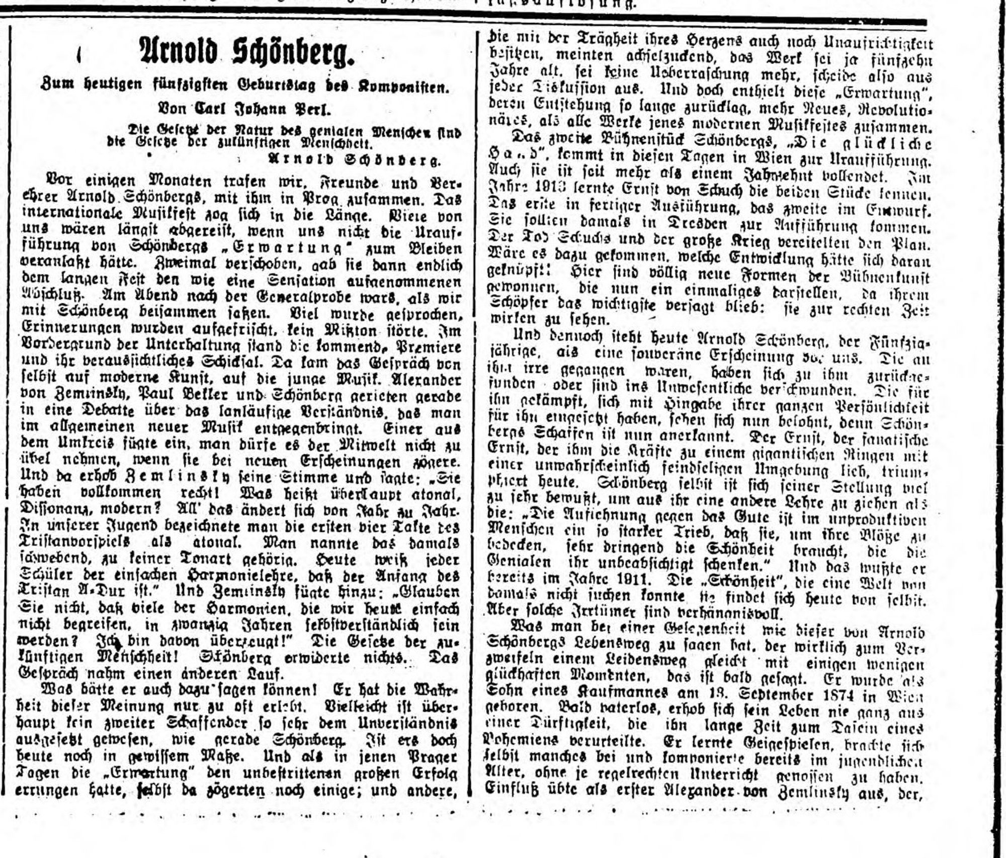 Ein schwarz-weißer Zeitungsartikel mit dem Titel "Arnold Schönberg" über die Bedeutung von Schönbergs Geburtstag, Einblicke in seine Arbeit und Überlegungen zu seinem Einfluss in der Musikwelt. Der Text enthält verschiedene Absätze, die seine Beiträge und Gedanken zur Musik analysieren.