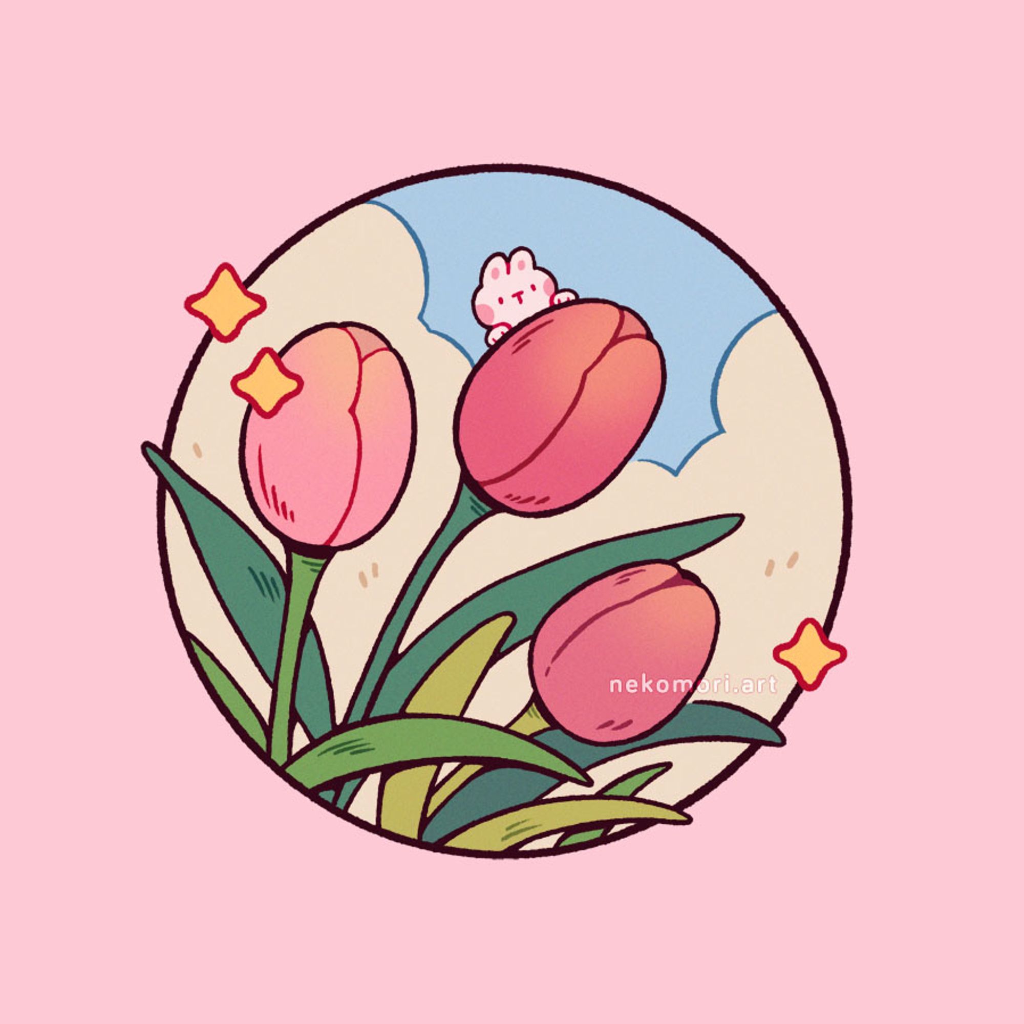 Illustration depicting a bunch of pink tulips against a cloudy sky. There is a tiny bunny peeking from behind one of the buds.