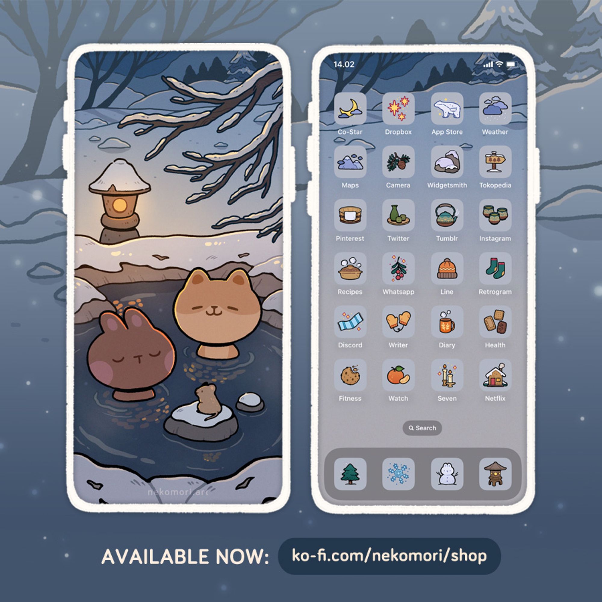 Mock up of a phone wallpaper and icon set titled "Warm Winter Night". The Lock screen shows a bunny, a dog, and a mouse in a hot spring bath amidst a wintry landscape. The Home screen shows an assortment of icons with a winter theme.