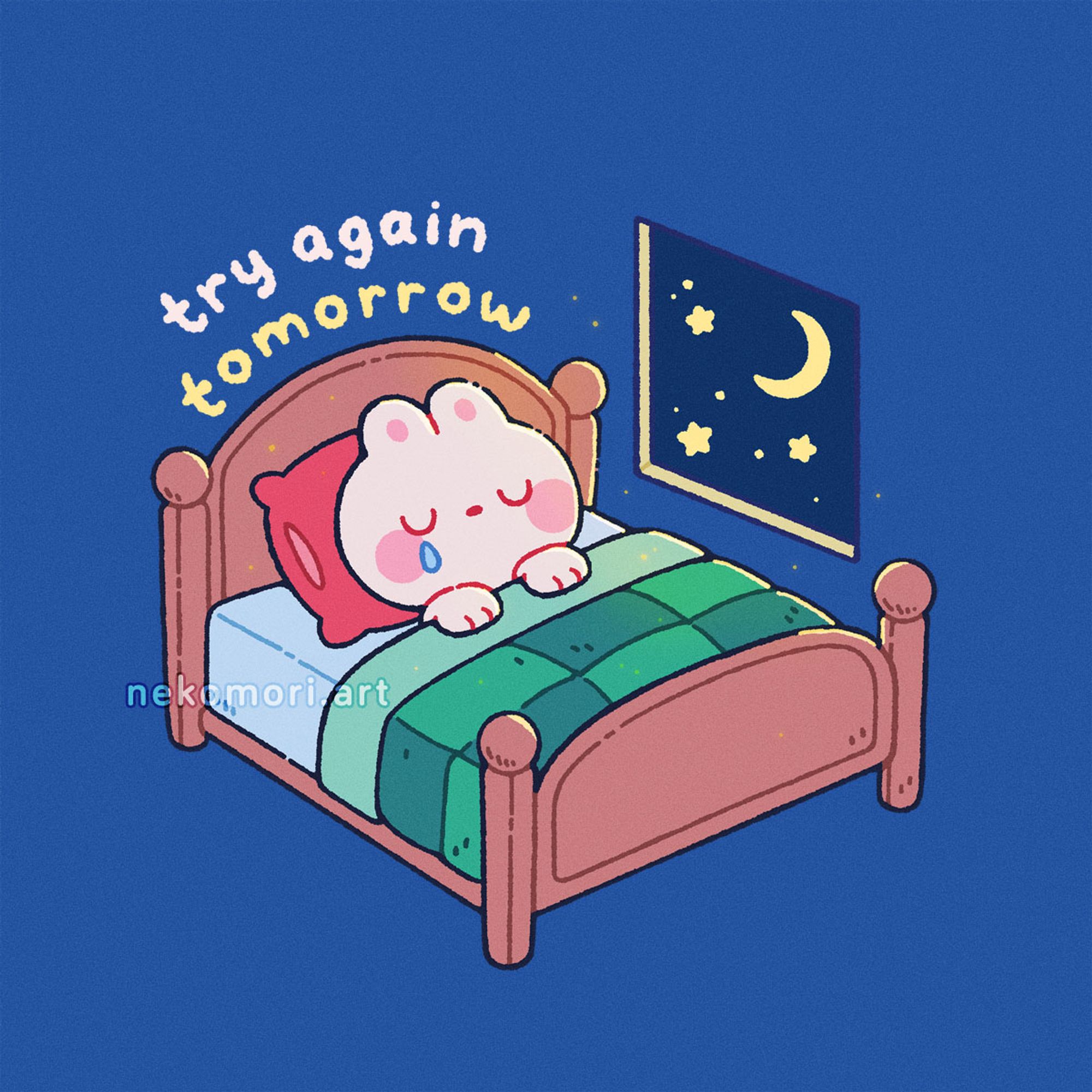 Illustration depicting a bunny sleeping in their bed with the covers pulled up to their chin, a teardrop falling from one of their closed eyes. Next to the bed is a window that shows the night sky with a crescent moon and some stars. Above the headboard, a curving text says: "try again tomorrow".