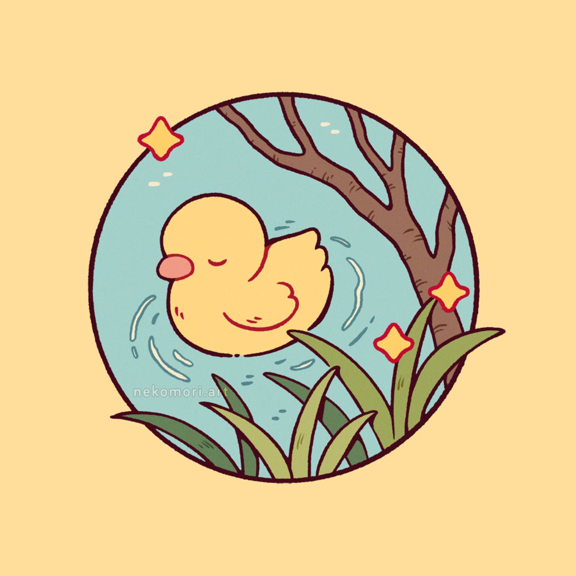 Illustration depicting a duckling swimming in a pond, framed by a tree branch and tall grass.