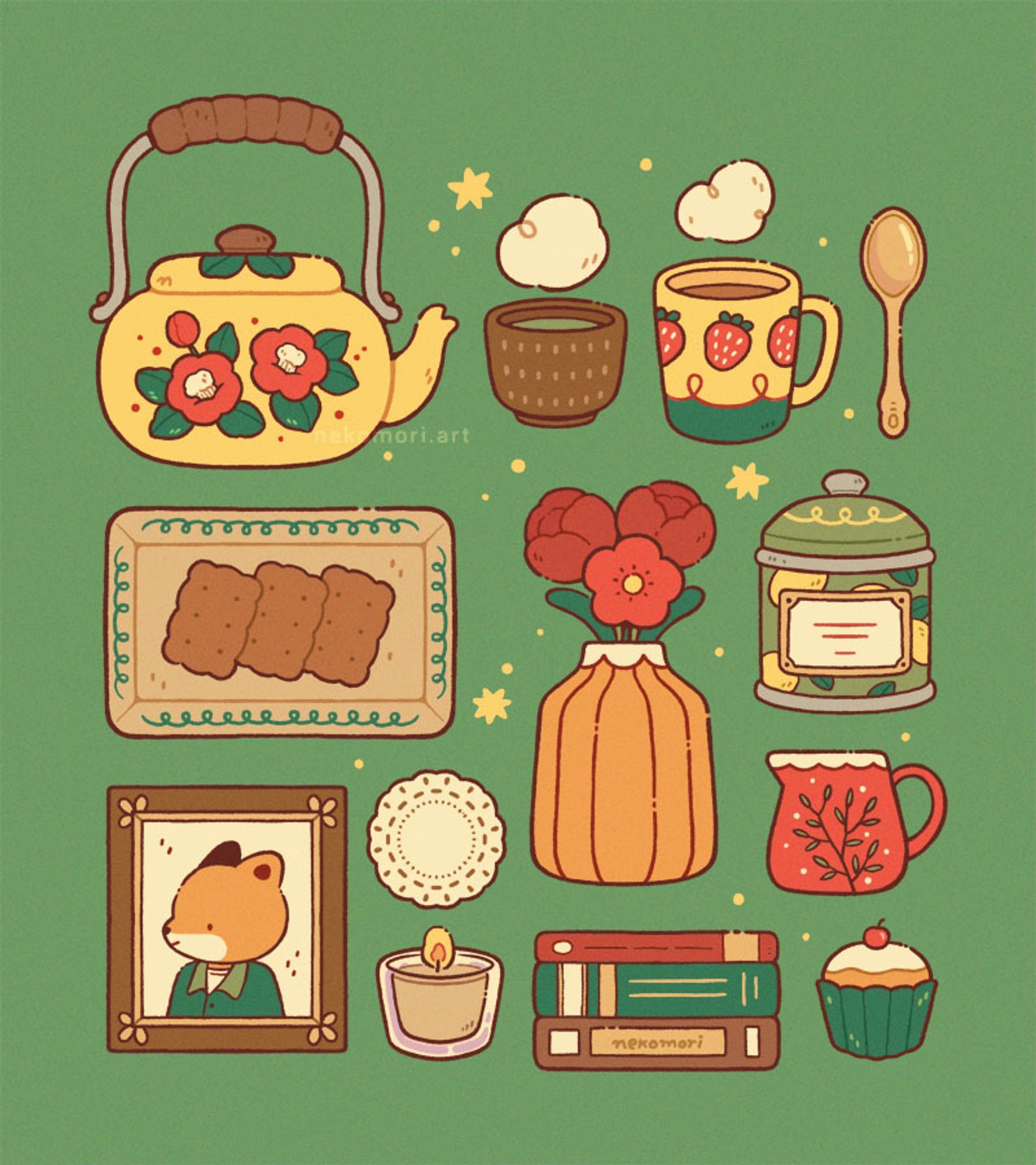 Illustration depicting various teatime-related items arranged loosely in rows. The first row shows a vintage enamel teapot decorated with camellias, an earthenware cup of hot green tea, a vintage mug filled with hot tea, and a golden teaspoon. The second row shows a tray filled with biscuits, a lace doily, a vase of red flowers, a cookie tin, and a small milk jug. The third row shows a framed picture of a smiling fox character, a lighted tea candle, a stack of books, and a cupcake.