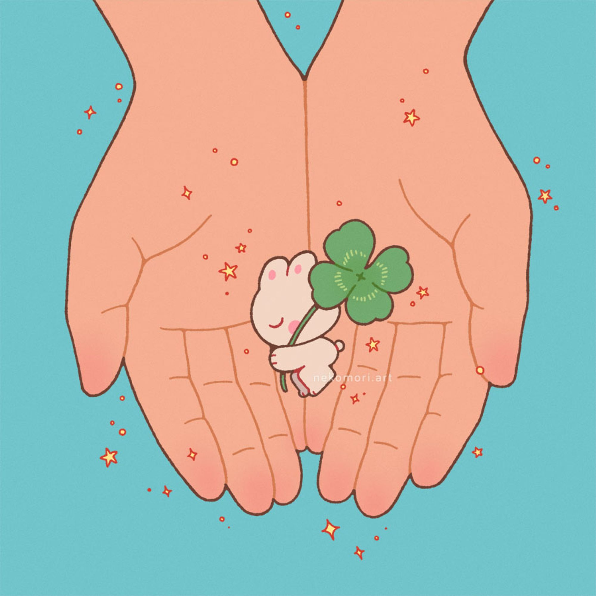 Illustration depicting a pair of hands slightly cupped together to show the viewer a tiny bunny sleeping while holding a four-leaf clover. There are little stars surrounding the bunny and the hands.