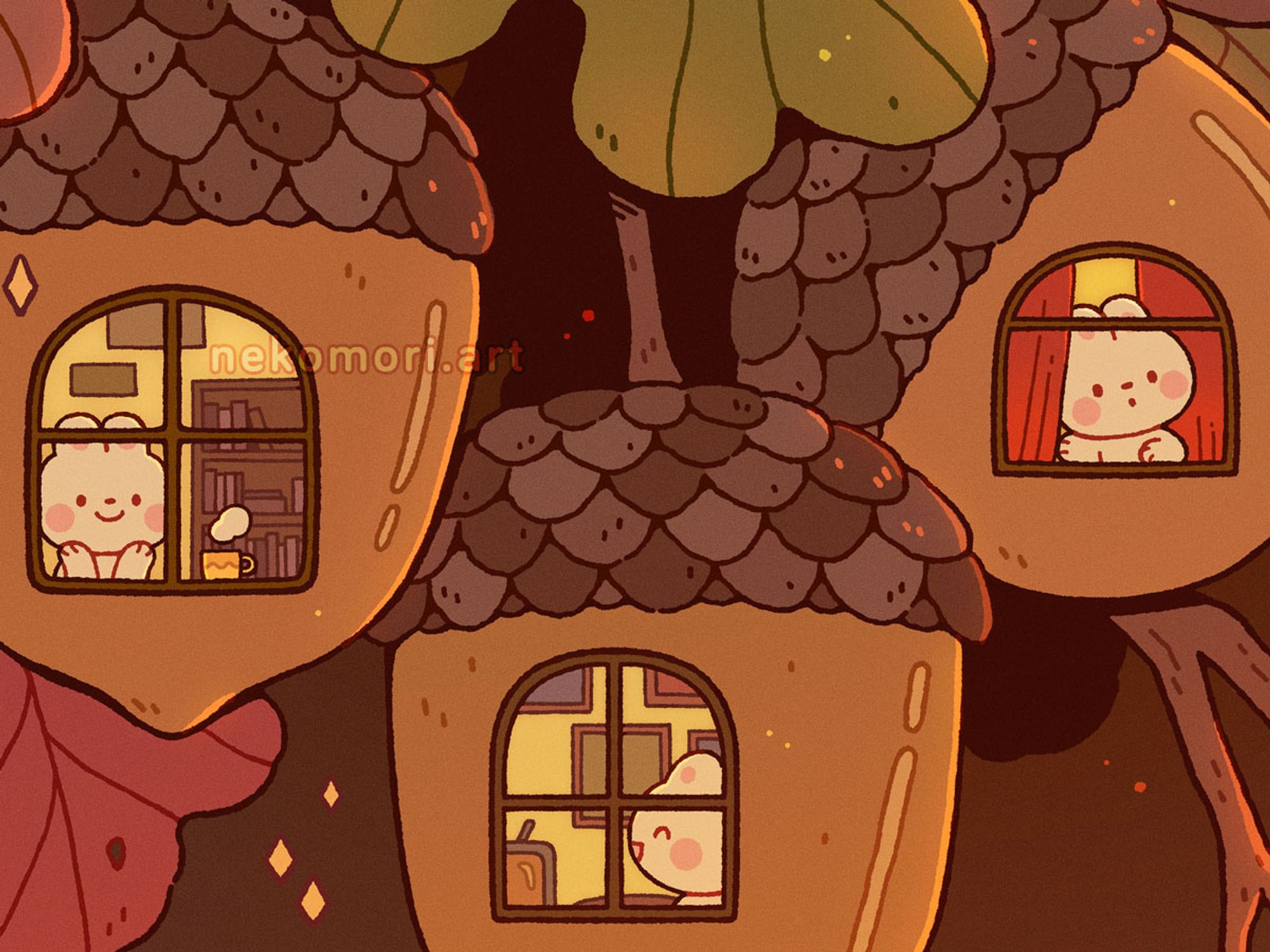 Cropped image showing the tiny acorn houses in more details. Each acorn house has a window, revealing a tiny bunny living in a furnished apartment inside. The bunny on the left has a shelf of books, the middle one has a gallery wall, and the right one has put up a curtain on the window so you can't see the inside of their house.