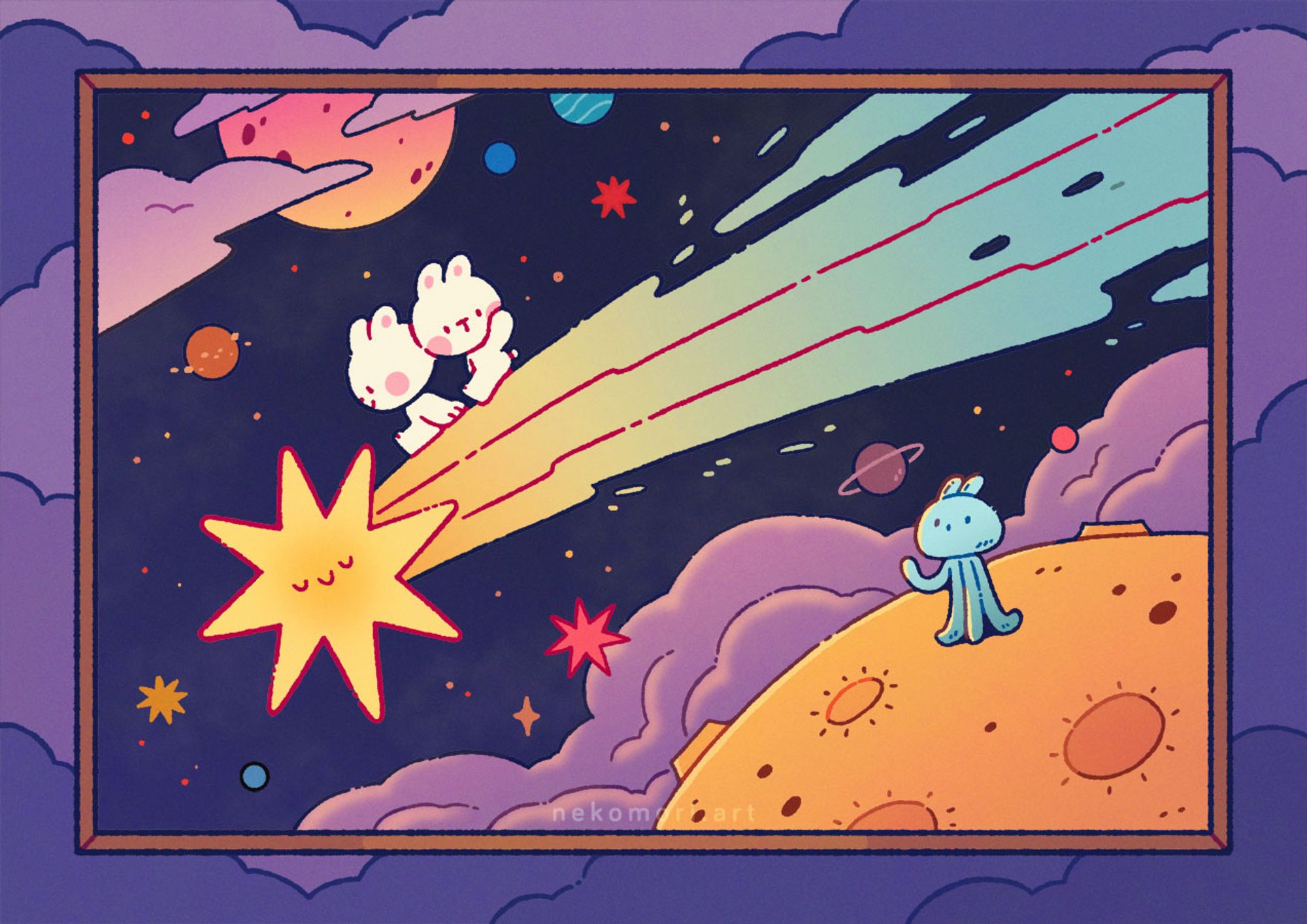 Illustration depicting two bunnies sitting on the tail of a shooting star as it flies above a small planet dotted with craters. The bunny on the back is looking down and waving at an octopus-like alien standing on the planet's surface. Meanwhile, the sky in the background is dotted with small stars and colorful planets.