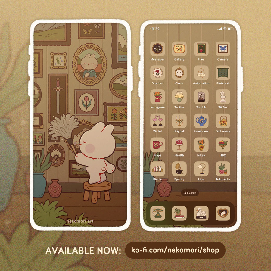 Mock up of a phone wallpaper and icon set titled "Nostalgia". The Lock screen features a bunny tiptoeing on a wooden stool to clean a gallery wall with a feather duster. The wall is decorated from top to bottom with framed paintings, photos, and knick-knacks, including a recreation of the Mona Lisa. The Home screen shows various app icons inspired by antique trinkets and decor. Text on the image: available now from ko-fi.com/nekomori/shop