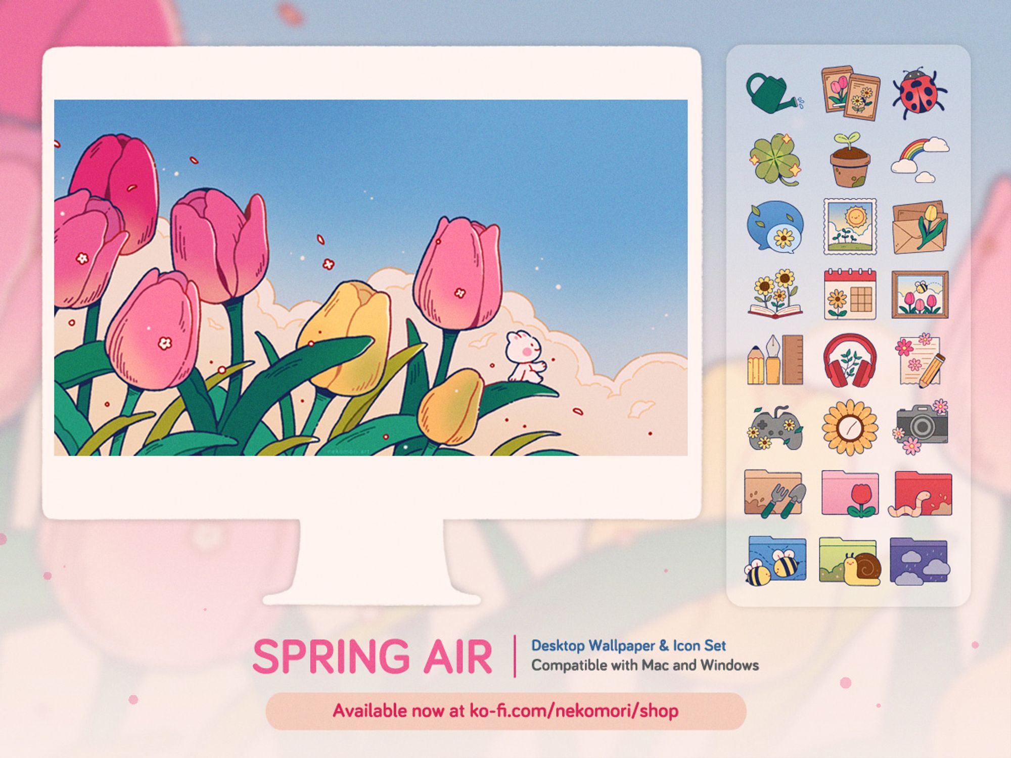 Mock-up of a desktop wallpaper and icon set called Spring Air. The wallpaper depicts a bunch of tulips in the process of blooming, against a blue and cloudy sky. A tiny bunny sits on a leaf on the far end, one hand outstretched to feel the breeze. The icon set consists of 24 Spring-themed icons.