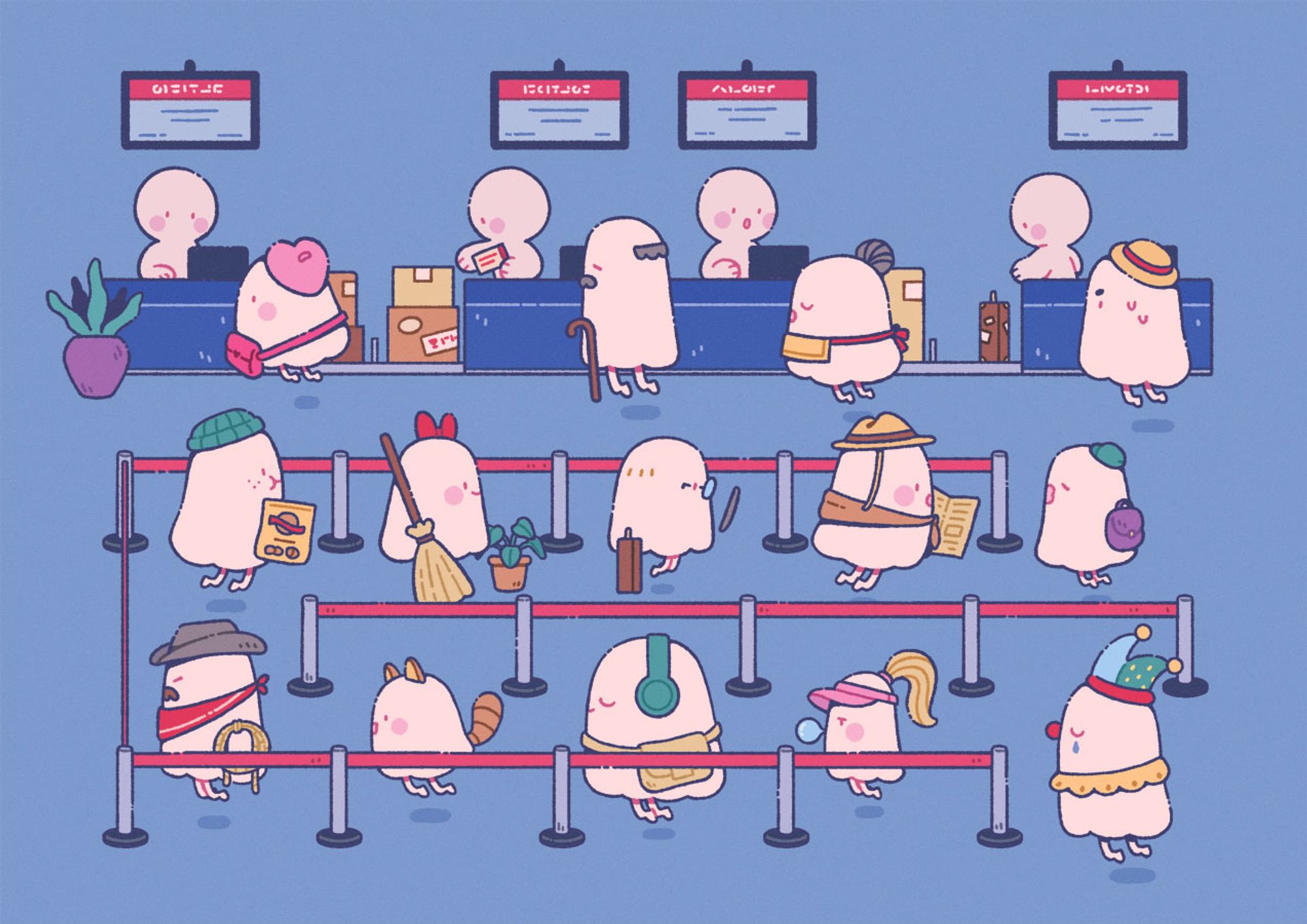 Illustration depicting a bunch of ghosts waiting in a queue at a row of check-in counters. The ghosts come in different shapes and sizes and wear distinctive accessories, like a hat or a bag. Behind the counters, four blob-like officers are helping the ghosts check in their luggage.