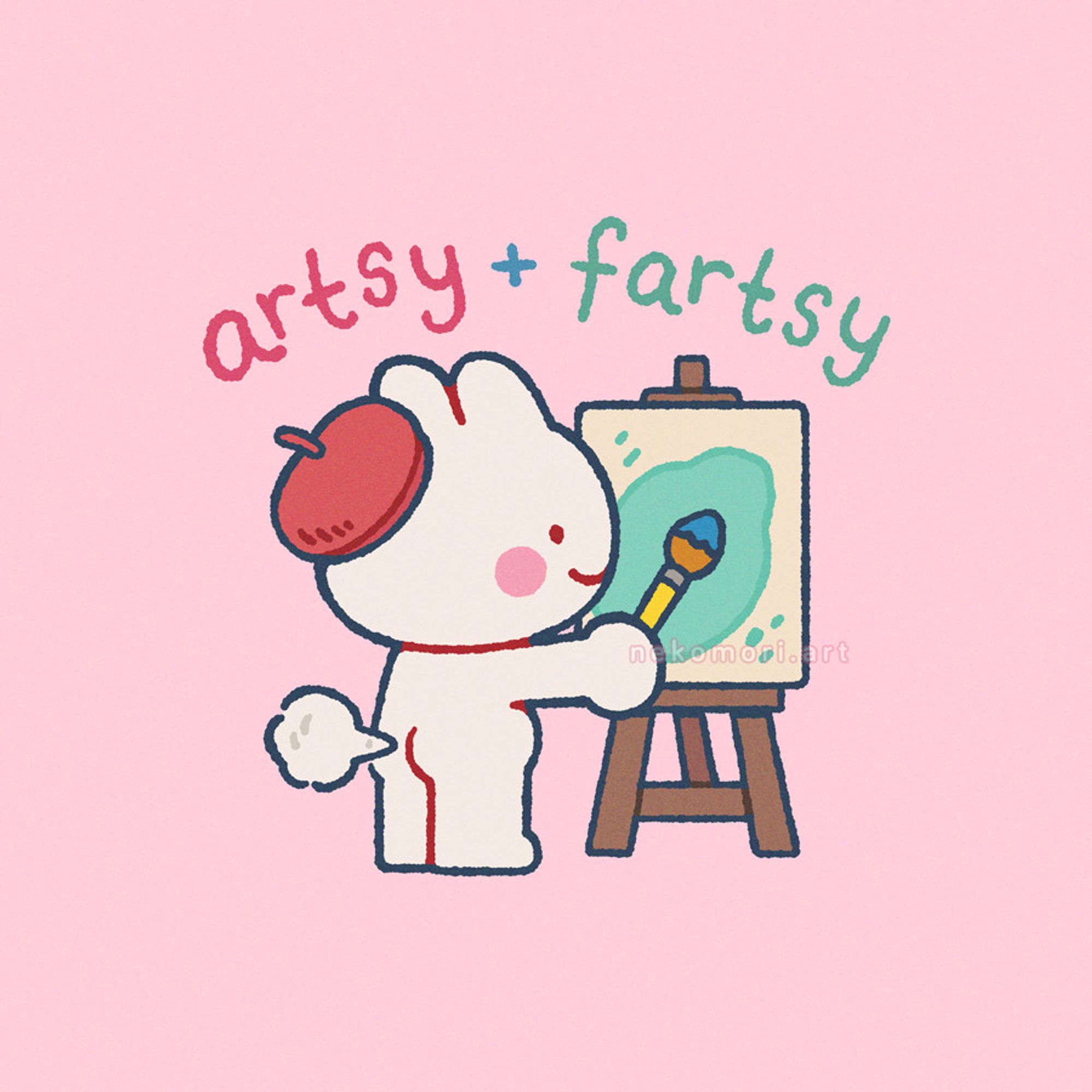 Illustration depicting a beret-wearing bunny happily painting on an easel, their back to the viewer. The bunny is tooting, as shown by the little puff of gas coming out of their butt. The text above the bunny says: artsy + fartsy.