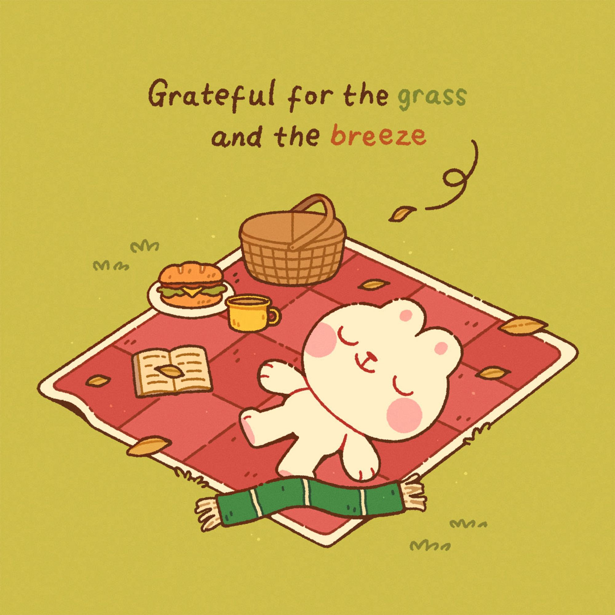 Illustration depicting a bunny lying on a checkered picnic blanket, smiling with their eyes closed. There is a picnic basket at one corner of the blanket, alongside a plate of sandwich, a mug, and an open book. A striped scarf lies next to the bunny’s foot. Fallen leaves are scattered on the blanket as well. Above the image, a text says “grateful for the grass and the breeze”.