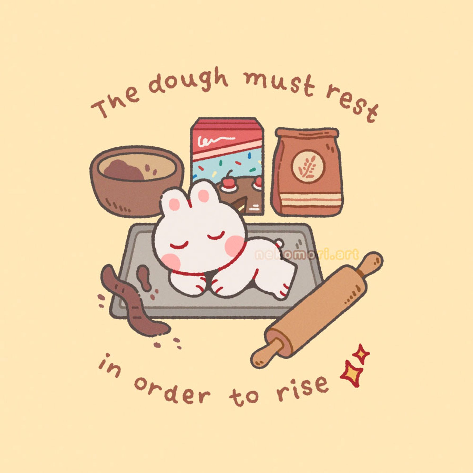 Illustration depicting a small bunny sleeping soundly on a baking mat, surrounded by baking supplies and utensils. The text around them says: the dough must rest in order to rise.