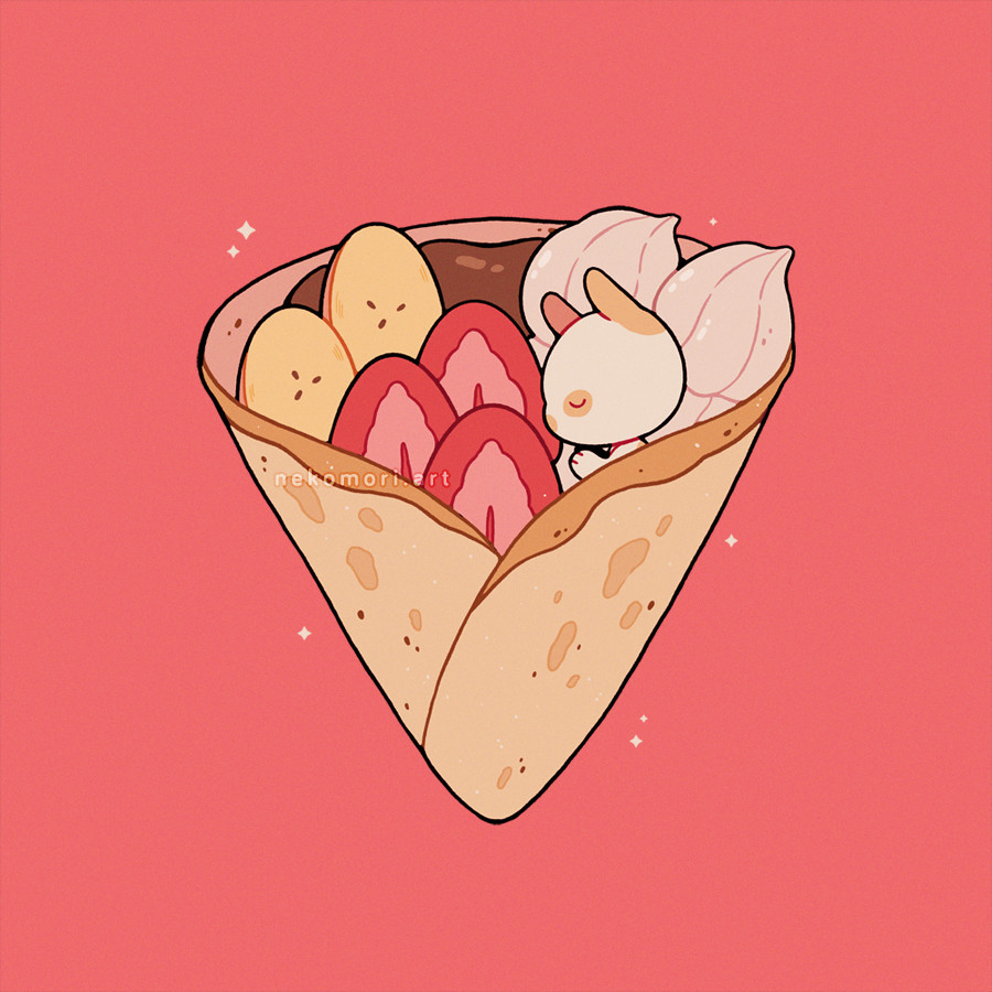 Illustration titled "Bun-ana and Strawberry Crepe" depicting a small bunny sleeping inside a crepe filled with chocolate sauce, sliced bananas and strawberries, and dollops of whipped cream.