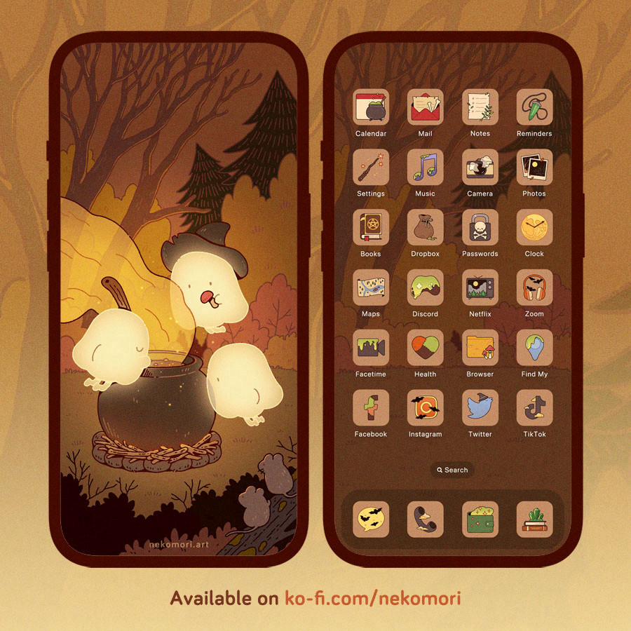 Mock up of a phone wallpaper pack called "Ghostly Brew". The Lock screen depicts three little ghosts floating around a cauldron filled with bubbling liquid. One of the ghost is wearing a witch hat and carrying a mushroom, while another stirs the pot with a large wooden spoon. Smoke billows from the potion. The scene is set in a dark, autumnal forest. The Home screen shows various app icons with a witchy theme.