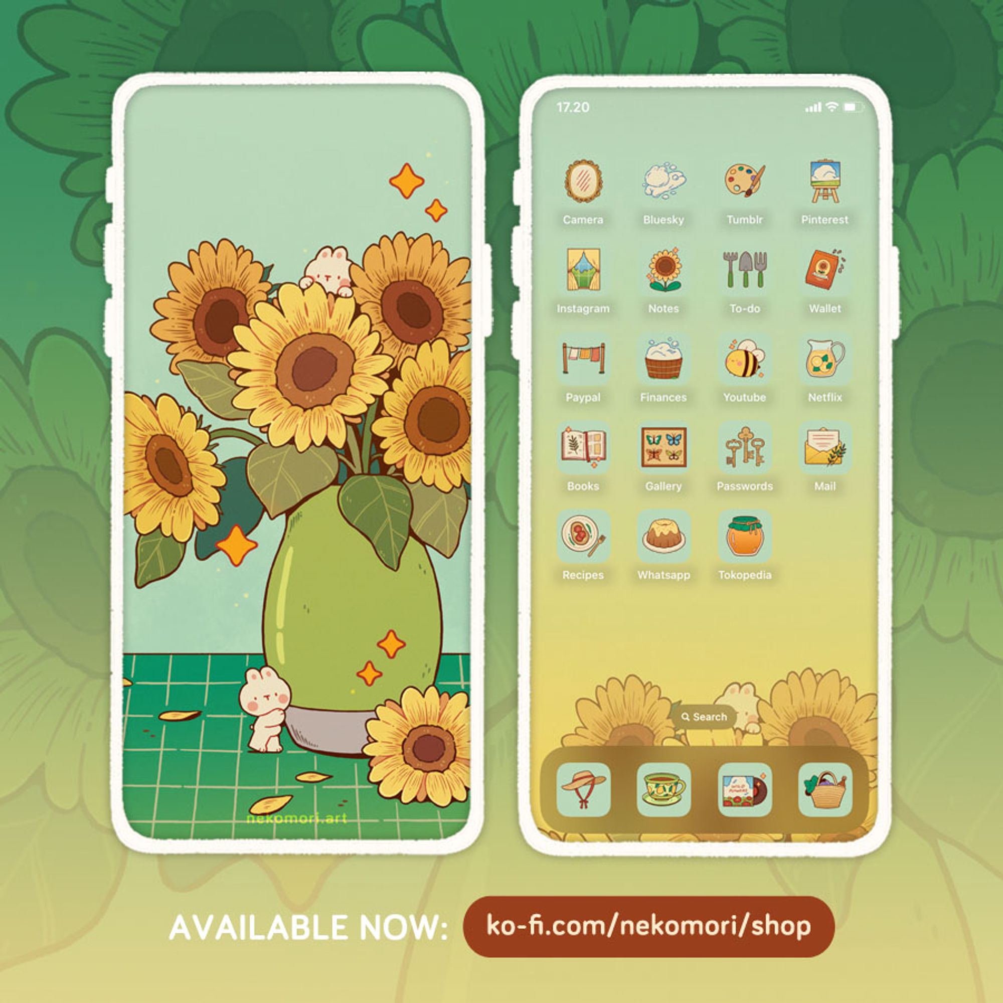 Mock up of a phone wallpaper and icon set called "Sunflowers". The Lock screen shows a pair of small bunnies nestling in a vase of sunflowers. The Home screen shows various icons with a summer theme. Text on image: available now from ko-fi.com/nekomori/shop