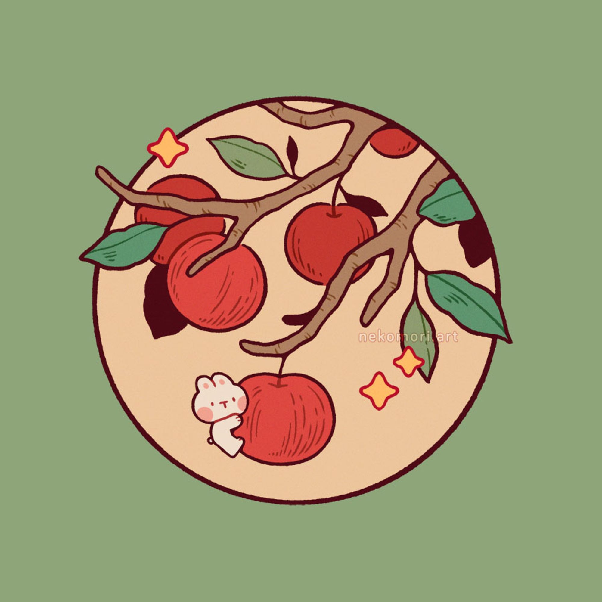 Illustration depicting the branches of an apple tree. A tiny bunny is hanging onto one of the fruits.