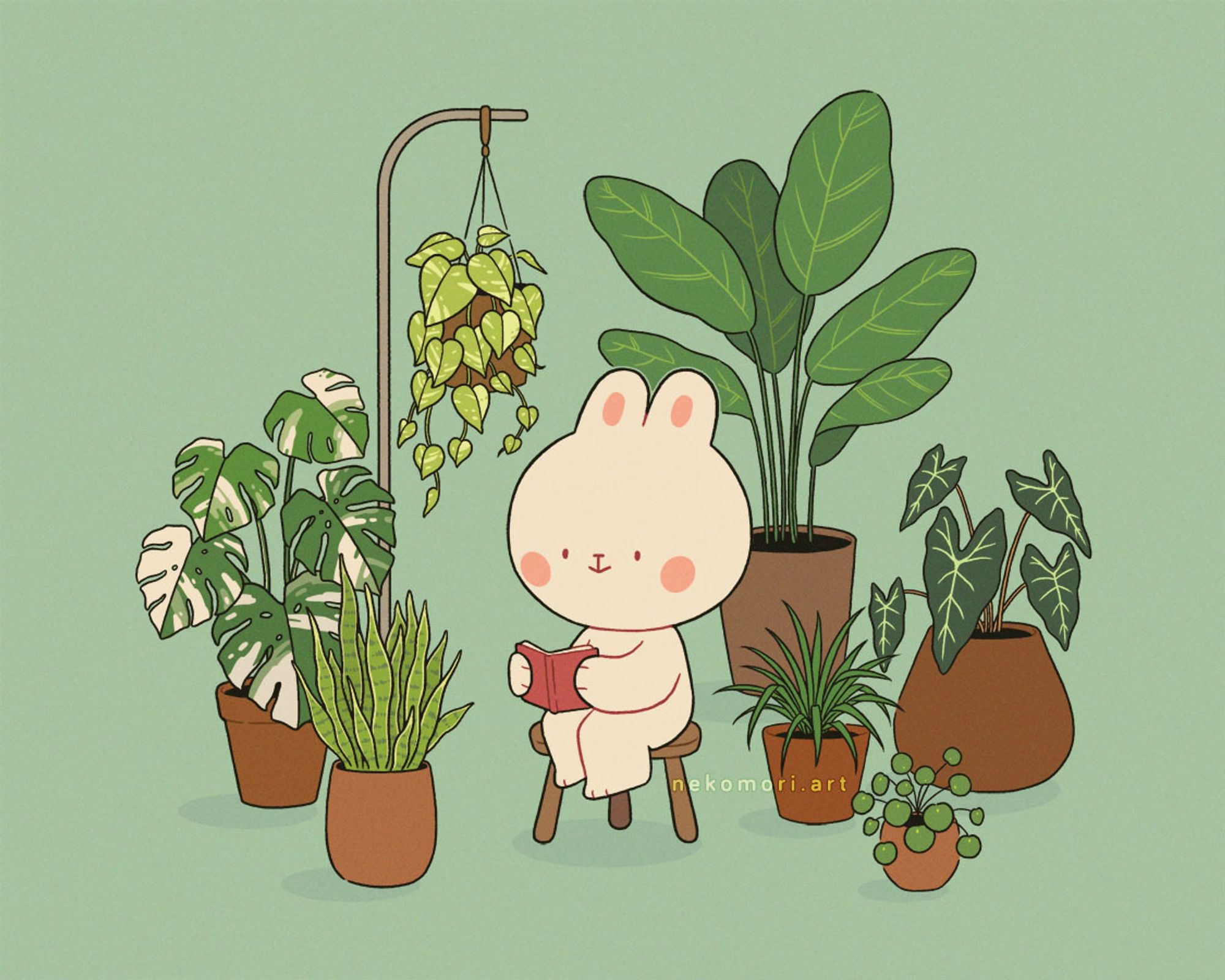 Illustration of a bunny sitting on a stool and reading a book while surrounded by various houseplants in terracotta pots.