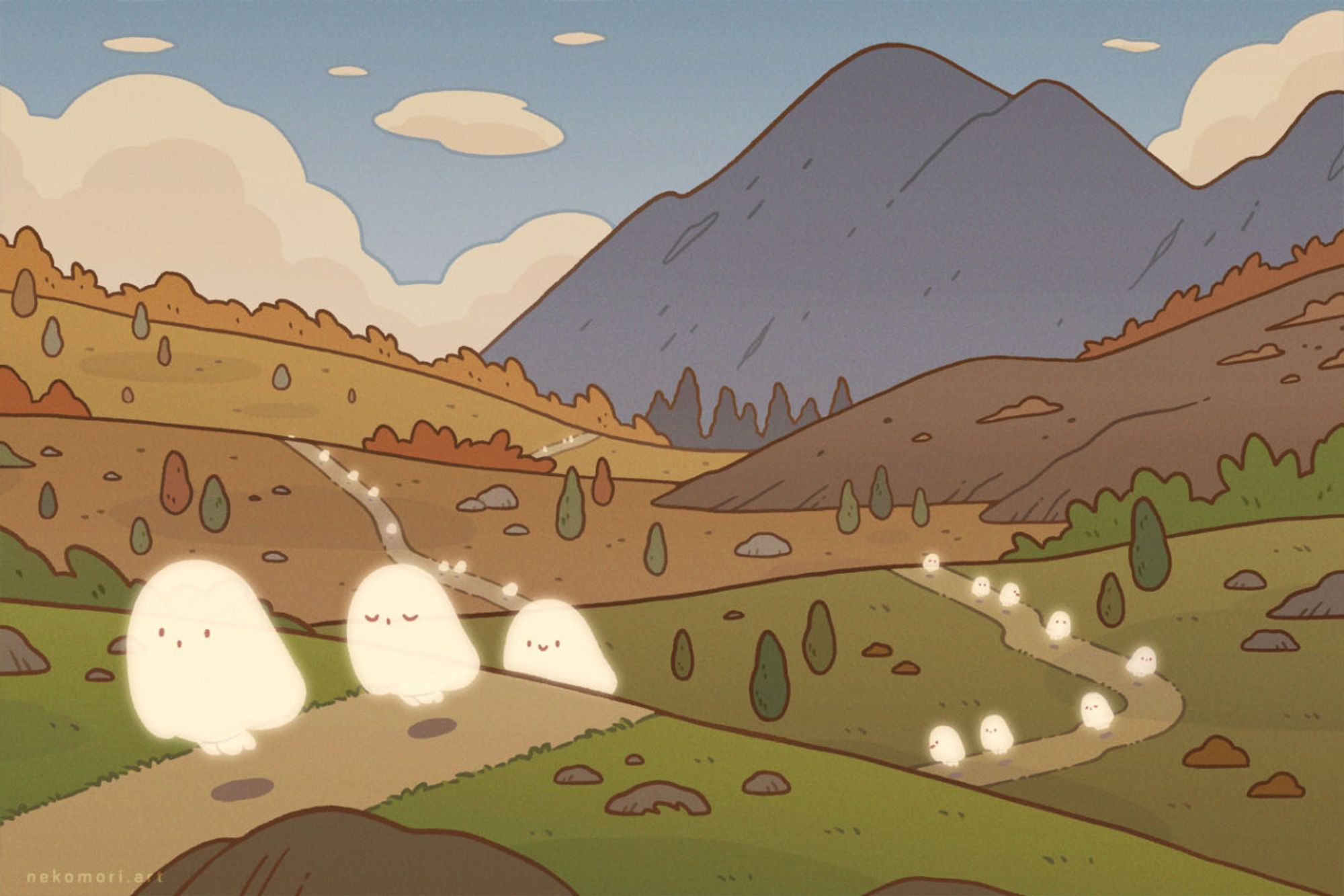 Illustration depicting a long line of ghosts marching through an autumn-tinted landscape with mountains on the horizon.