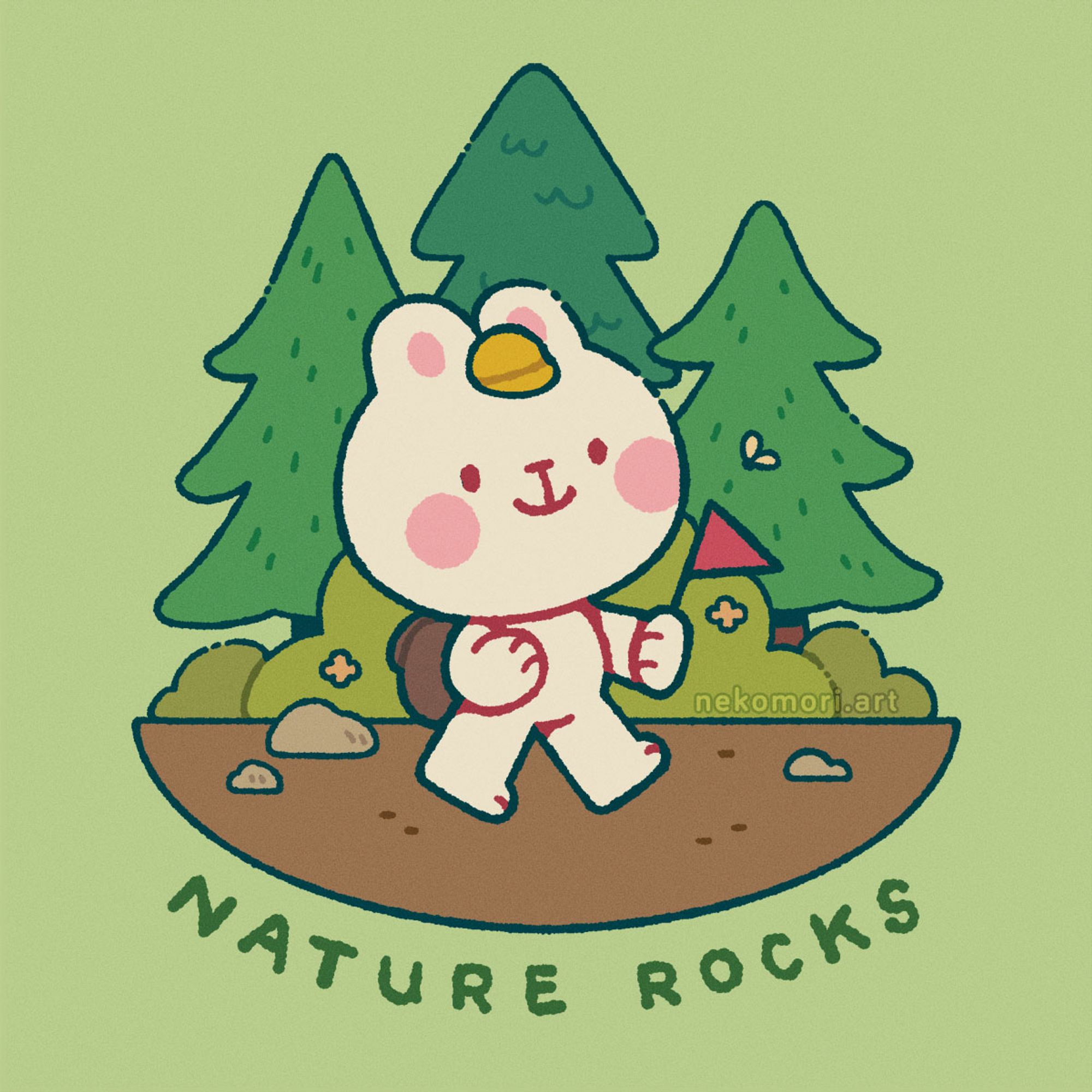 Illustration depicting a bunny going on a walk in nature, with some bushes and pine trees in the background. The bunny is wearing a small cap and a backpack, and also waving a small flag in one hand. The text below the illustration says, "nature rocks".