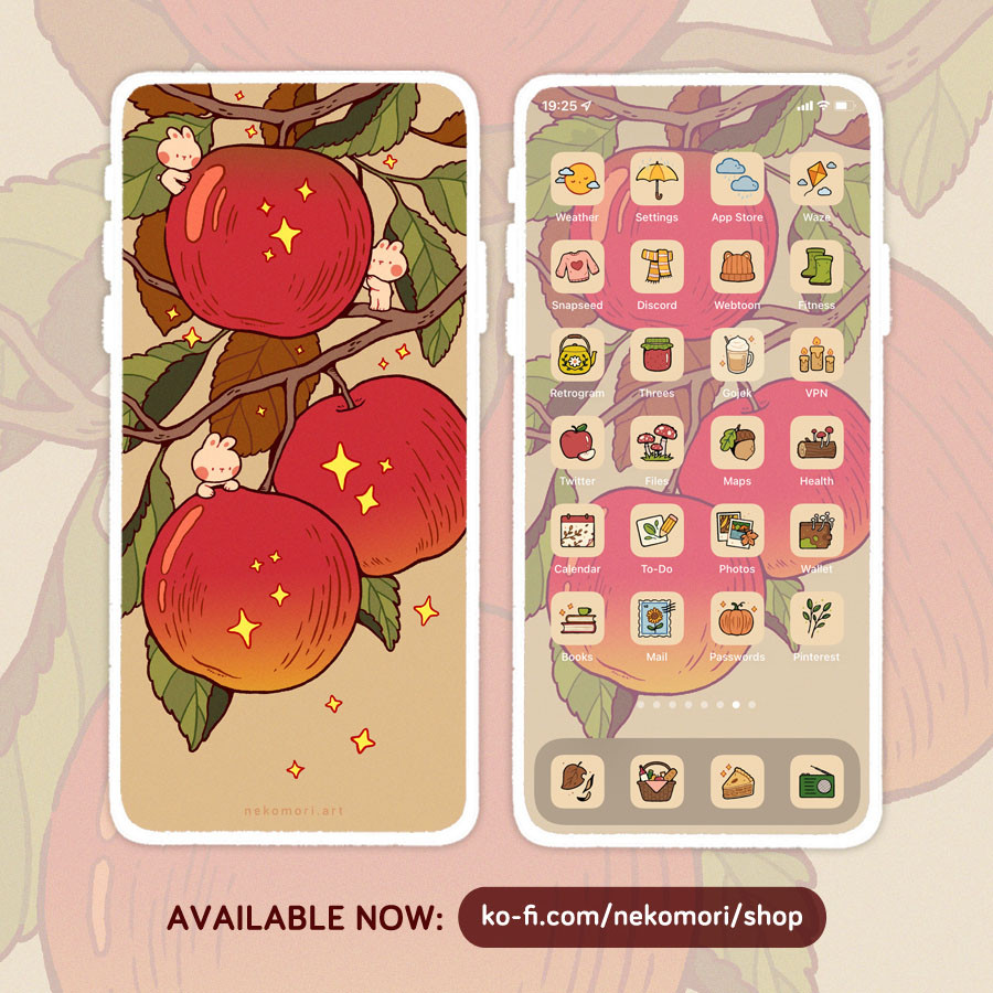 Mock up of a phone wallpaper and icon set titled "Apple Picking". The Lock screen features three apples on a tree branch, surrounded by three small bunnies. The Home screen shows assorted Fall-themed app icons. Text on screen: available now from ko-fi.com/nekomori/shop