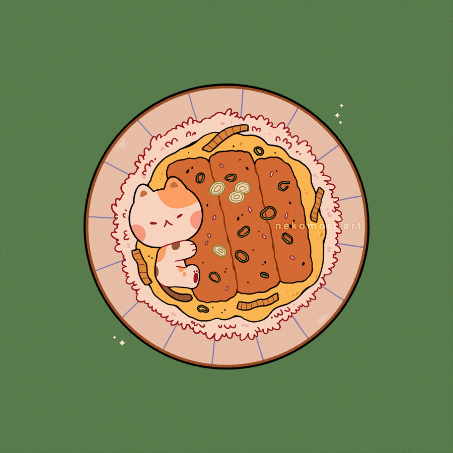 Illustration titled "Cat-sudon", depicting a calico cat in a bowl of chicken katsudon--a Japanese dish composed of a cutlet cooked with an egg and then served over a bowl of rice. The cat is holding onto a piece of chicken.