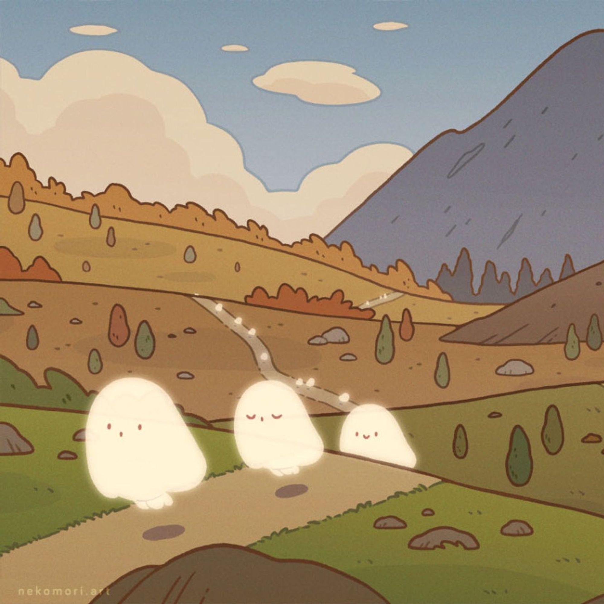 Illustration depicting a long line of ghosts marching through an autumn-tinted landscape with some mountains and clouds on the horizon.