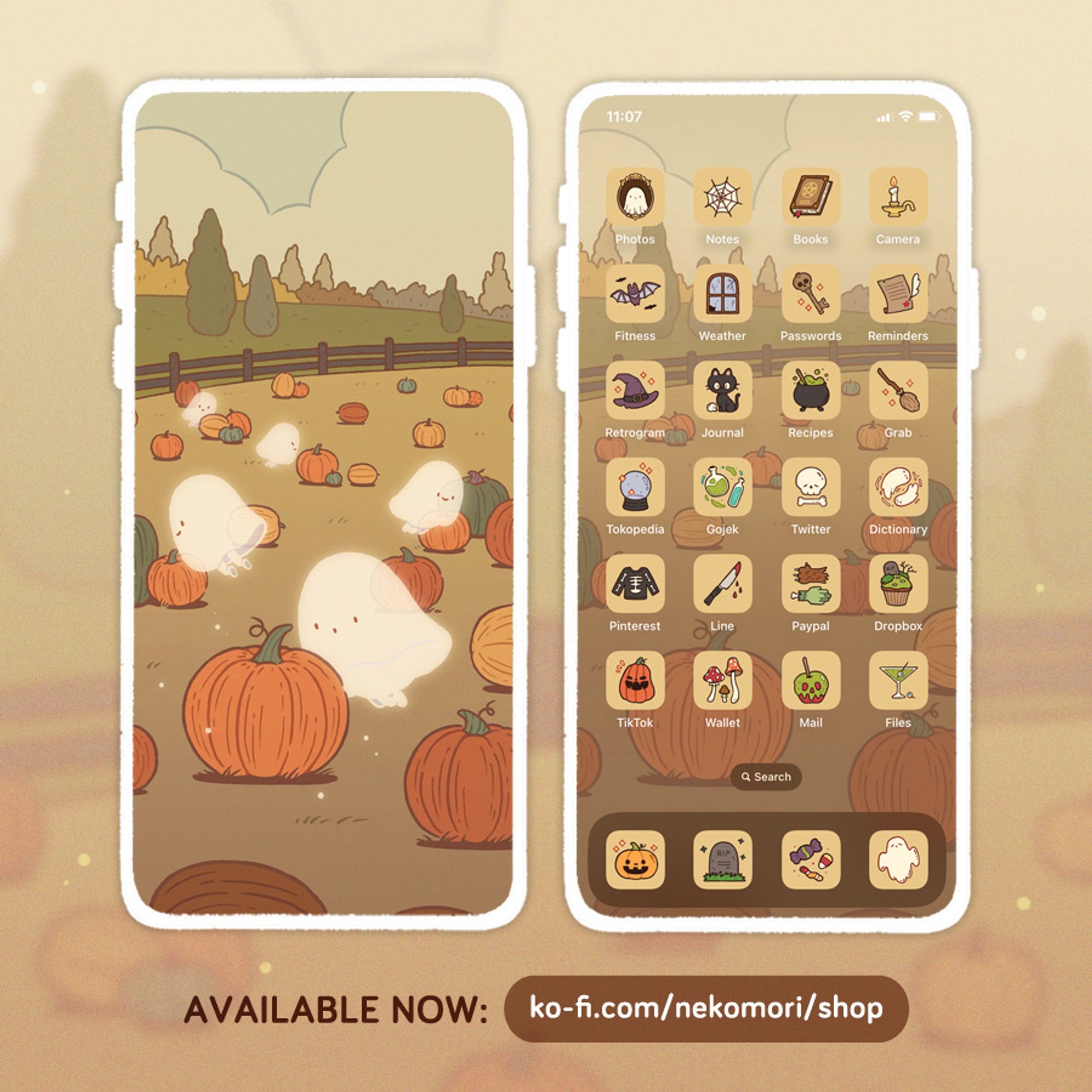 Mock up of a phone wallpaper and icon set called "Pumpkin Picking". The Lock screen shows little sheet ghosts in a pumpkin patch. The Home screen shows various icons inspired by Halloween. Text on image: available now from ko-fi.com/nekomori/shop