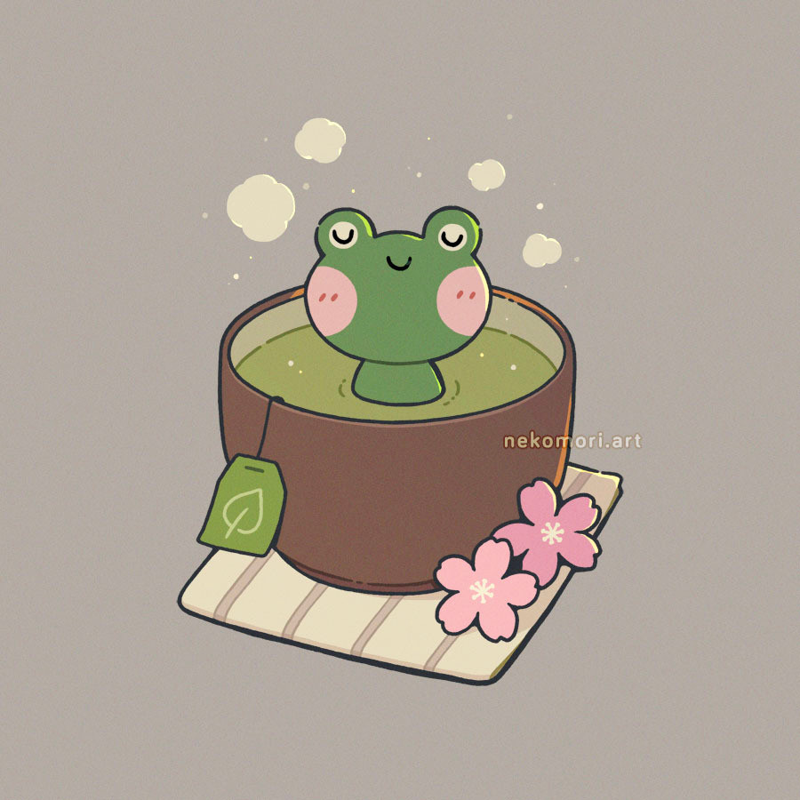 Illustration titled "Green Tea Bath", depicting a green frog soaking peacefully in a cup of warm green tea. The cup is laid on a folded cloth alongside a couple of cherry blossoms.