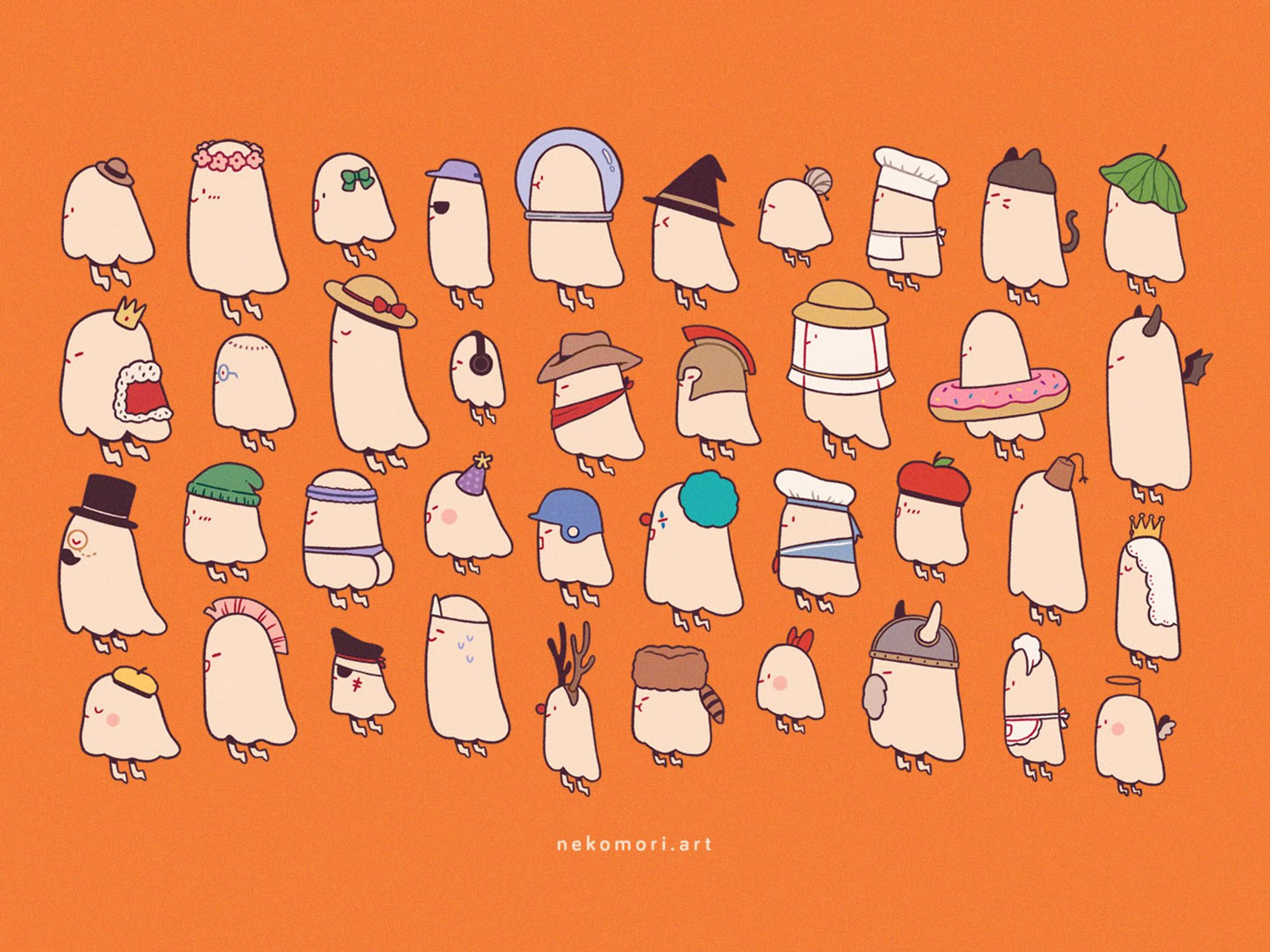 Illustration depicting ghosts of various sizes and shapes wearing accessories and/or costumes: ribbons, crowns, hats, clown makeup, etc. They are all facing left and lined up in four rows.