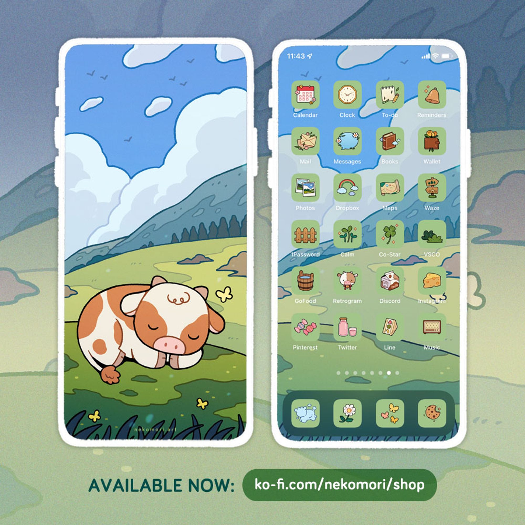 Mock up of a phone wallpaper and icon set titled "A Little Nap". The Lock screen shows a white calf with brown spots napping on meadow, with a mountain and towering clouds in the background. The Home screen shows an assortment of summer-themed app icons. Text on image: available now from ko-fi.com/nekomori/shop