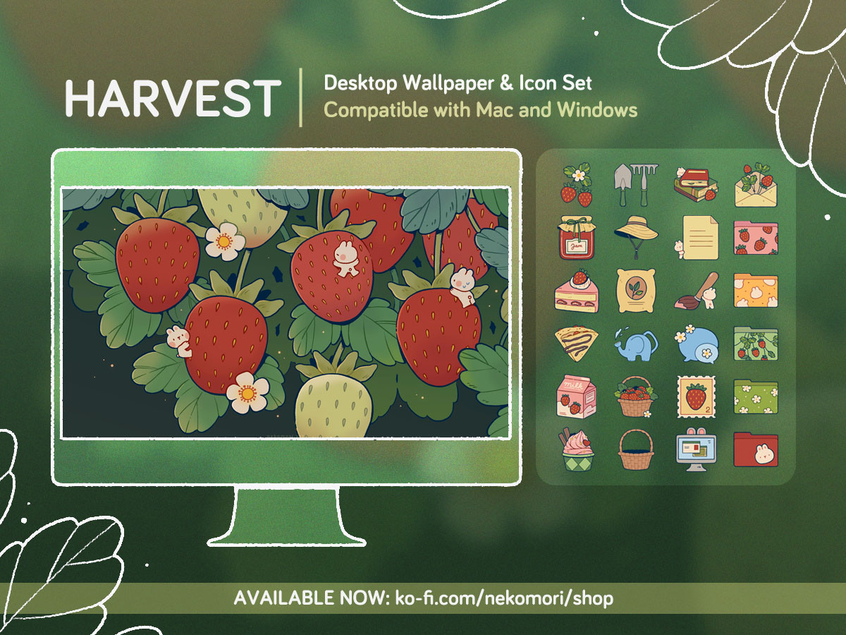 Mock up of a desktop wallpaper and icon set titled "Harvest". The wallpaper depicts a bunch of strawberries in various ripening stages. Three small bunnies can be seen hanging on the berries. The icon set consists of 24 strawberry- and farm-themed items, such as a slice of strawberry cake, gardening tools, and a computer folder with strawberry pattern. Text on the image: Harvest - Desktop wallpaper & Icon Set, compatible with Mac and Windows. Available now from ko-fi.com/nekomori/shop