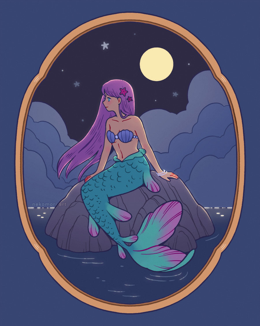 Illustration depicting a mermaid sitting on a rock in the middle of a calm sea. There are giant clouds over the horizon, but the moon is full and shining behind the mermaid. The entire illustration is contained in a gold oval frame.