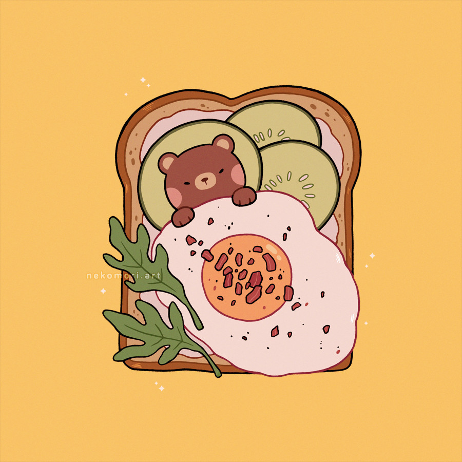 Illustration titled "Bear and Breakfast", depicting a brown bear sleeping on a piece of toast. They are using a pile of sliced cucumbers as pillows and a fried egg as a blanket. There are a couple of rocket leaves placed next to the egg.