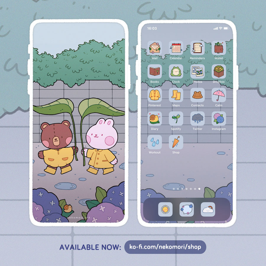 Mock up depicting a phone wallpaper and icon set titled "After the Rain". The Lock screen shows a brown bear and a white bunny in yellow raincoats and boots, each using a big leaf as an umbrella. Clusters of hydrangea flowers frame the bottom of the screen. The Home screen shows an assortment of icons depicting items related to a rainy day. Text on image: available now from ko-fi.com/nekomori/shop