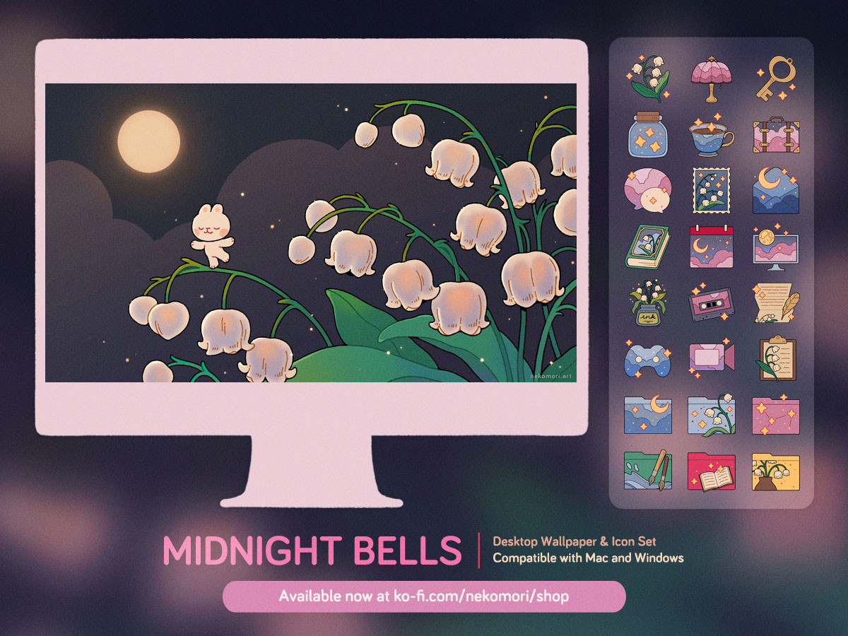 Mock up of a desktop wallpaper and icon set called "Midnight Bells". The wallpaper depicts a small bunny dancing among lilies of the valley under a full moon as small, glowing particles float around them. On the side are 24 night- and lily-of-the-valley-themed icons. Text on image: Midnight Bells Desktop Wallpaper and Icon Set, compatible with Mac and Windows. Available now: http://ko-fi.com/nekomori/shop