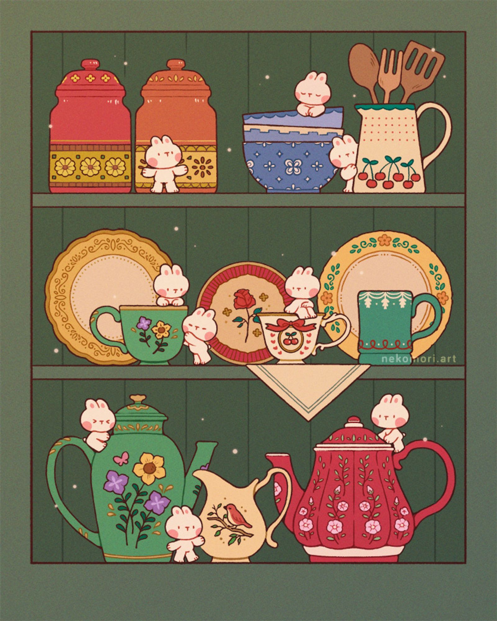 Illustration depicting a green wooden kitchen cabinet with three shelves. Each shelf contains colorful wares, such as cookie jars, bowls, plates, teapots and teacups, that are decorated with floral motifs. Nine tiny white bunnies are also seen on the shelves; they are either climbing on the wares or hiding behind them. Faint dust particles can be seen floating in the air.