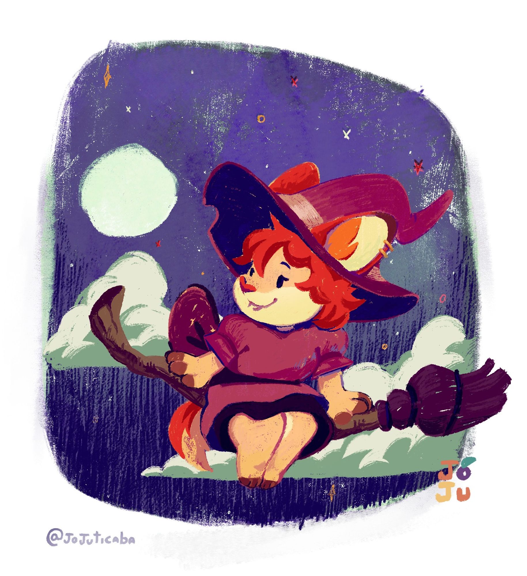 A little drawing of a anthropomorphic character dressed as a witch while flying on a broom under the night sky