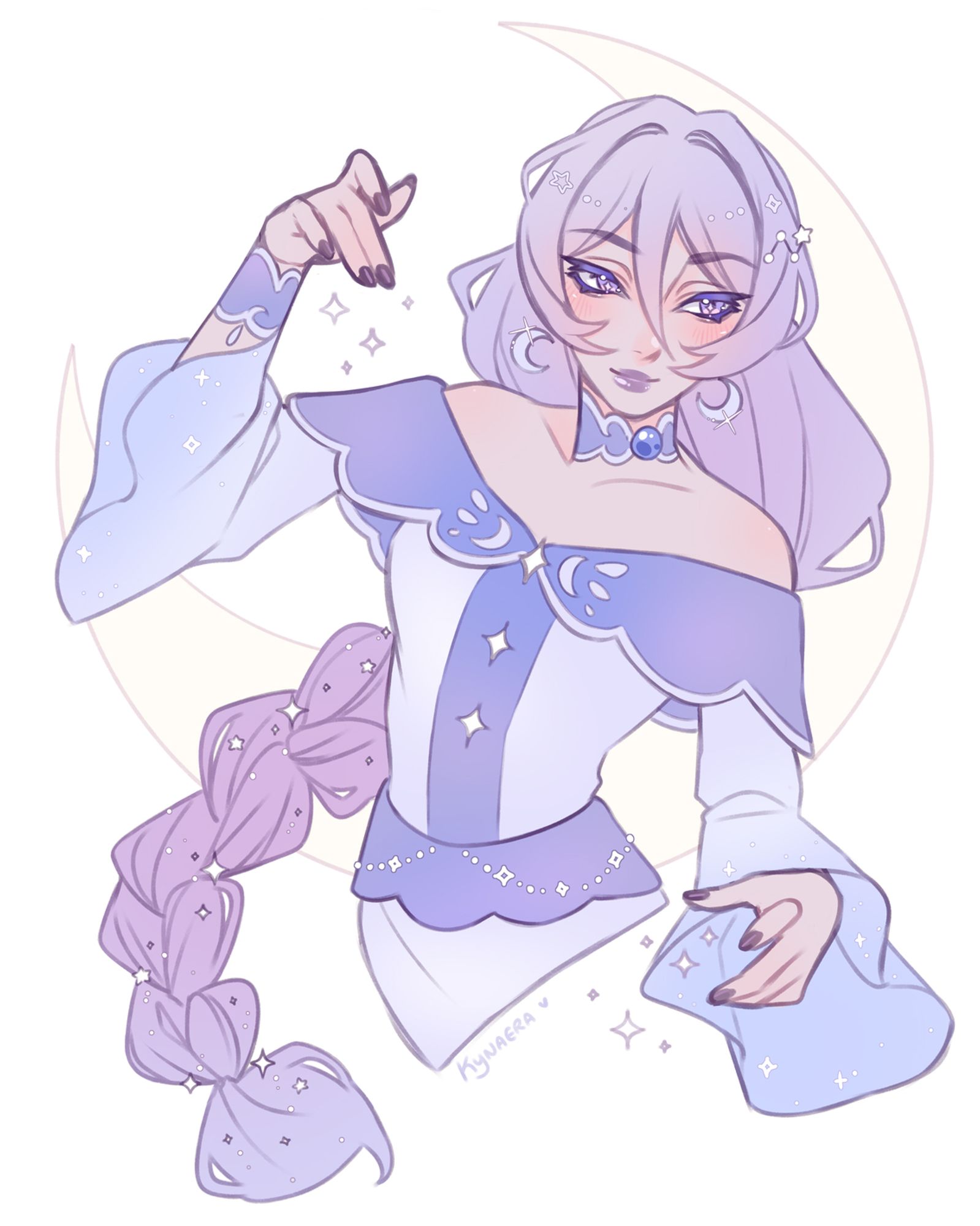 A half body flat-coloured sketch of Kaliune's original character Nila.

She is a soft pastel themed character, wearing a pastel blue dress trimmed in silver, with a low shoulder cut and long sleeves. Around her neck and wrist are chokers of a similar style. She has a long pastel purple braid covered in stars. A small constellation motif sits on the right side of her bang. Two silver moon earrings dangle from her ears and she looks to the right smiling with her soft purple eyes.
She is holding her hands in floaty wave motion, stars glittering from her finger tips.
Behind her is a pastel yellow crescent moon.