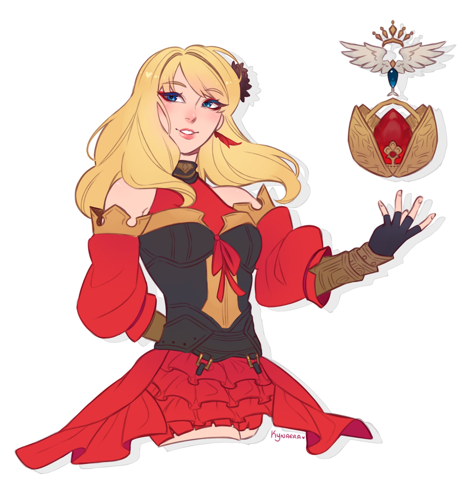 A half body sketch of a blonde-haired lady wearing a bright red ruffled outfit with a dark brown corset. She is standing with one arm behind her back, the other arm stretched out with a jewelled golden focus hovering above her open hand. Her body is faced to the right but her sapphire eyes gaze towards the left. She smiles sweetly.