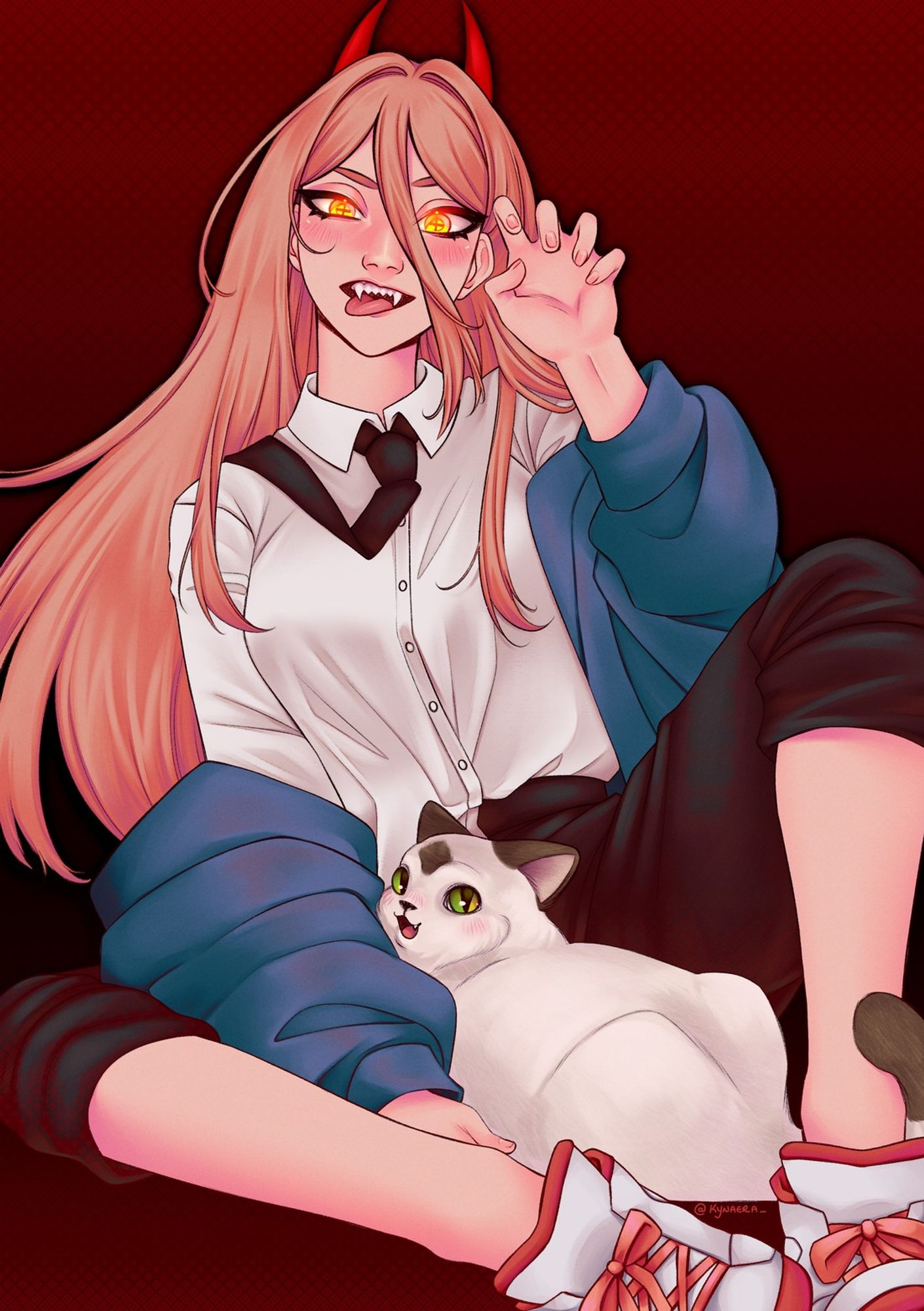 Full bodied illustration of Power from Chainsawman in her public safety clothes with her blue jacket hanging loosely off her arms. She is posed sitting with her hand up in a claw shape by her face, making a taunting expression, tongue and fangs showing. 
Meowy the cat is sat between her legs, looking back at the viewer with a happy expression. The background is bright red.