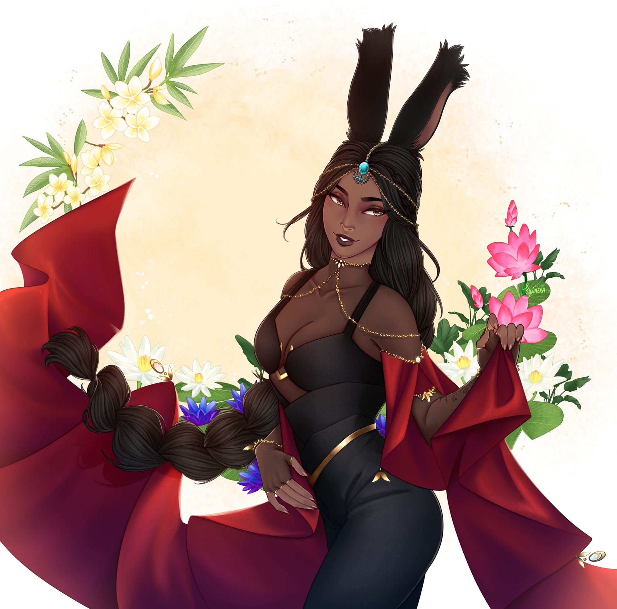 A dark-toned, black-haired viera character dressed in black and golden jewellery with bright red sleeves. She is posed in a semi-dancing position, her braided hair flicked to the left. A crescent of exotic flowers frame her on a milky white background.