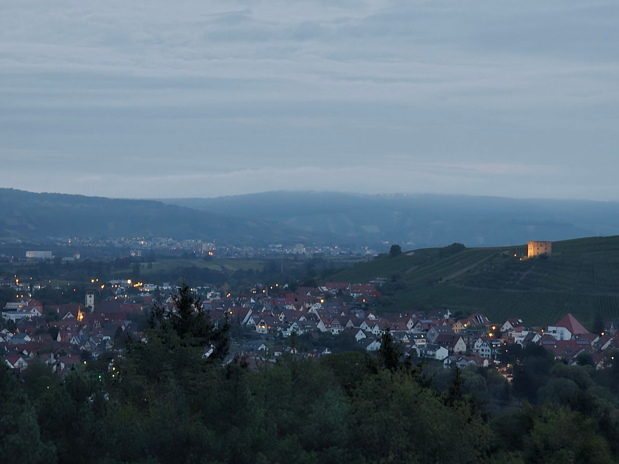 Nachtaufnahme vom Berg, unteres Drittel mit Bäumen. Mittig ist eine Stadt zu sehen und oben ein dunkler/grauer Himmel.