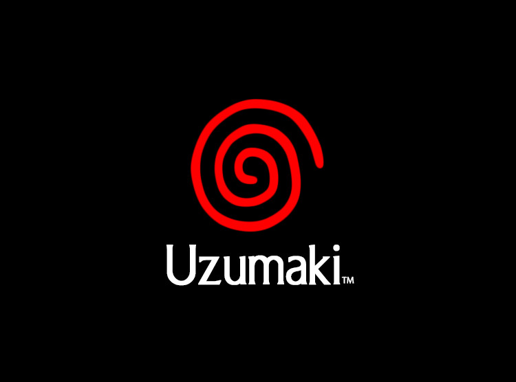 a parody of the Dreamcast logo depicting a red spiral shape on a black background with the text "Uzumaki" beneath it in white