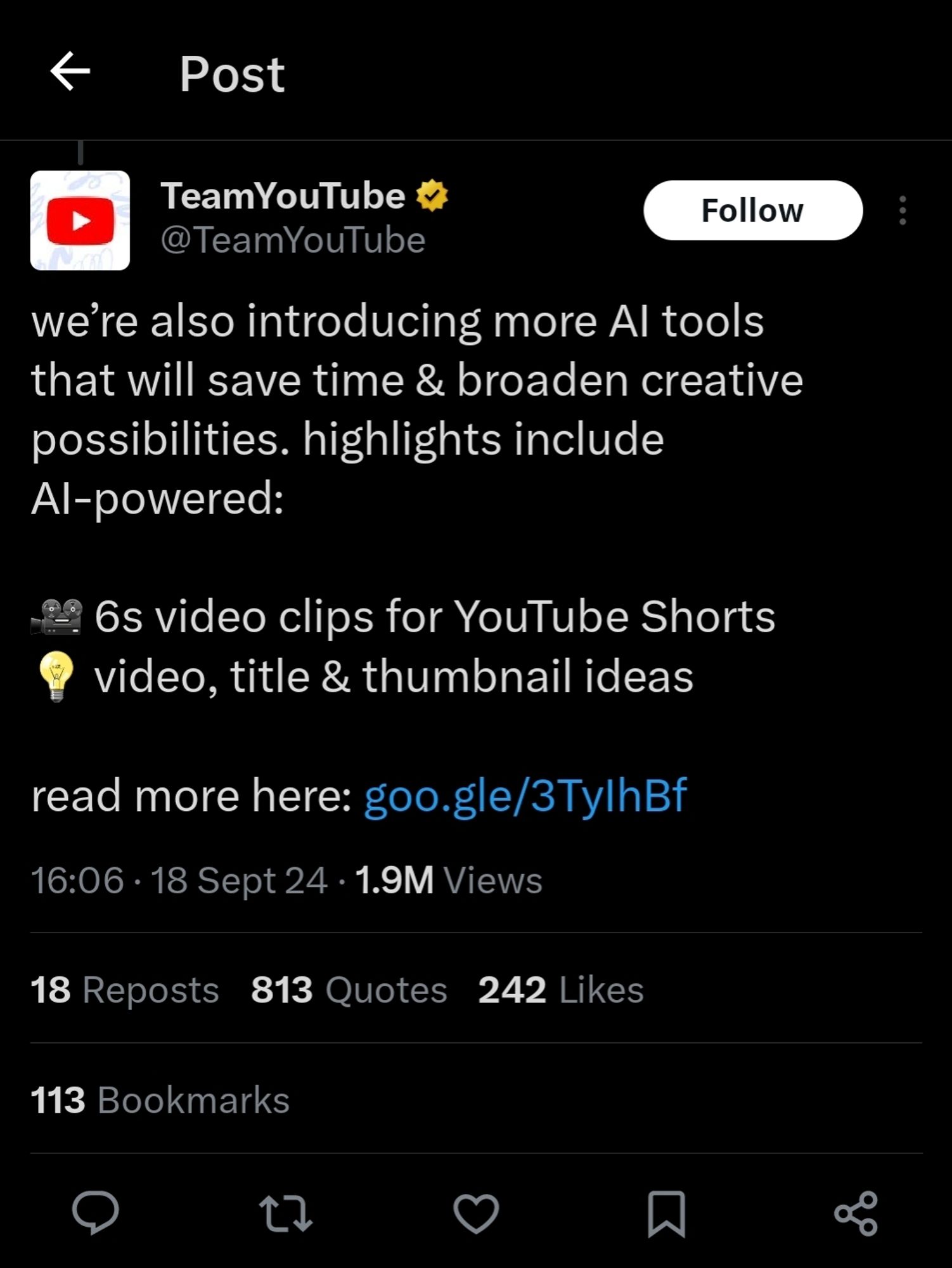 A screenshot from the official Twitter account of Team YouTube announcing generative AI features being introduced