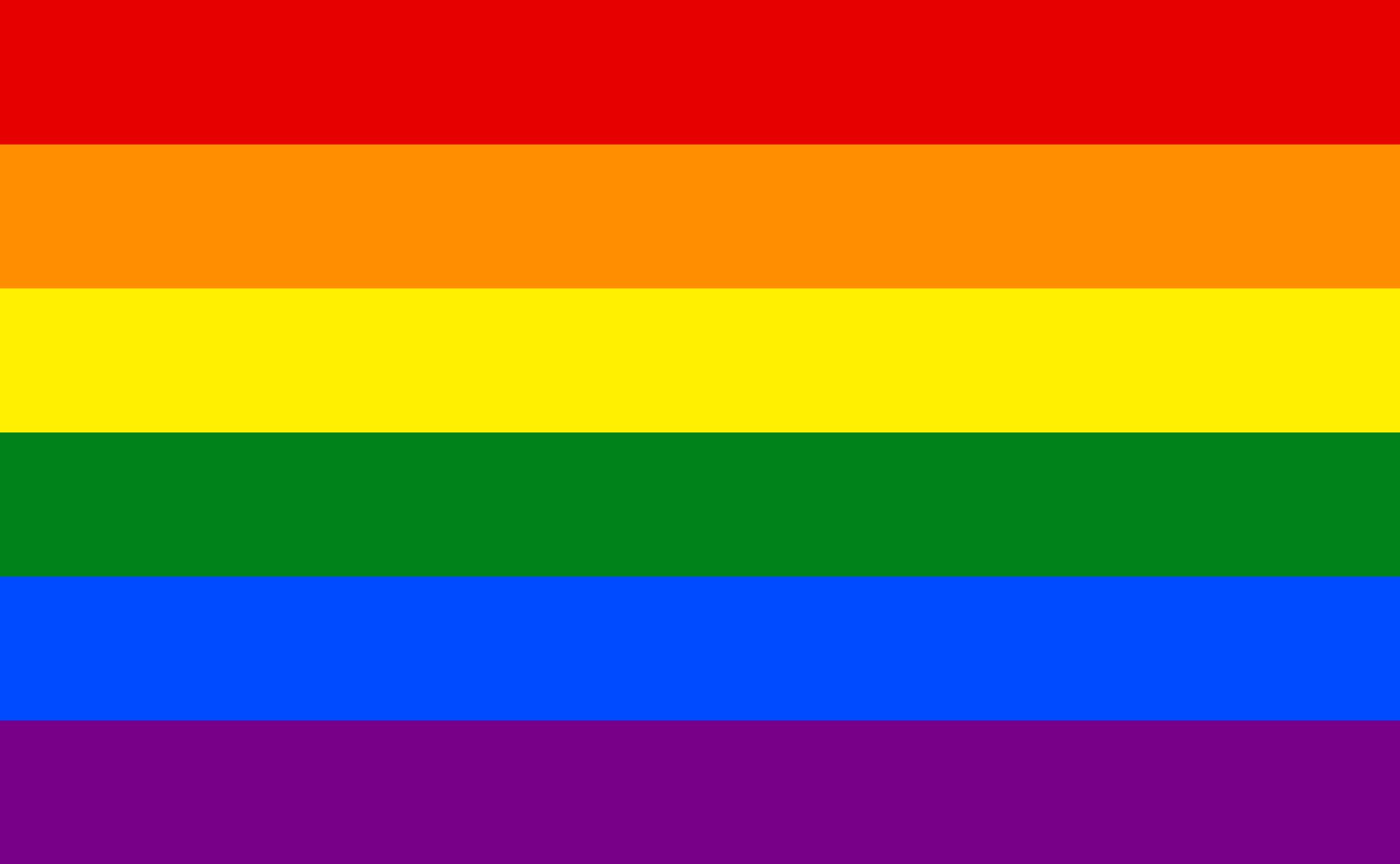 Pride flag. By Guanaco and subsequent editors - SVG source (version of 17:56, 30 Sep 2011), Public Domain, https://commons.wikimedia.org/w/index.php?curid=479191