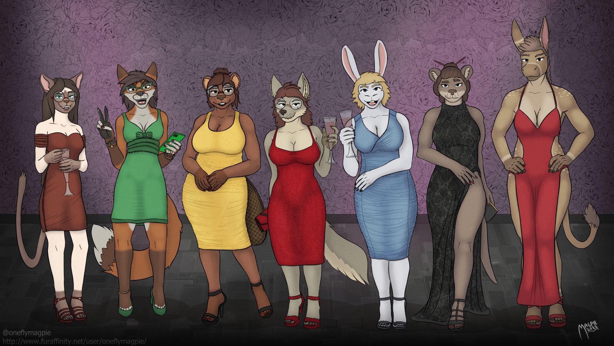 Lineup of anthro characters in cocktail dresses - Junko, a Siamese cat, Izzy, a red fox, Penny, a beaver, Kenzie, a coyote, Kaia, a white rabbit, Noriko, a Japanese river otter and Zarina, an onager / Indian wild ass.